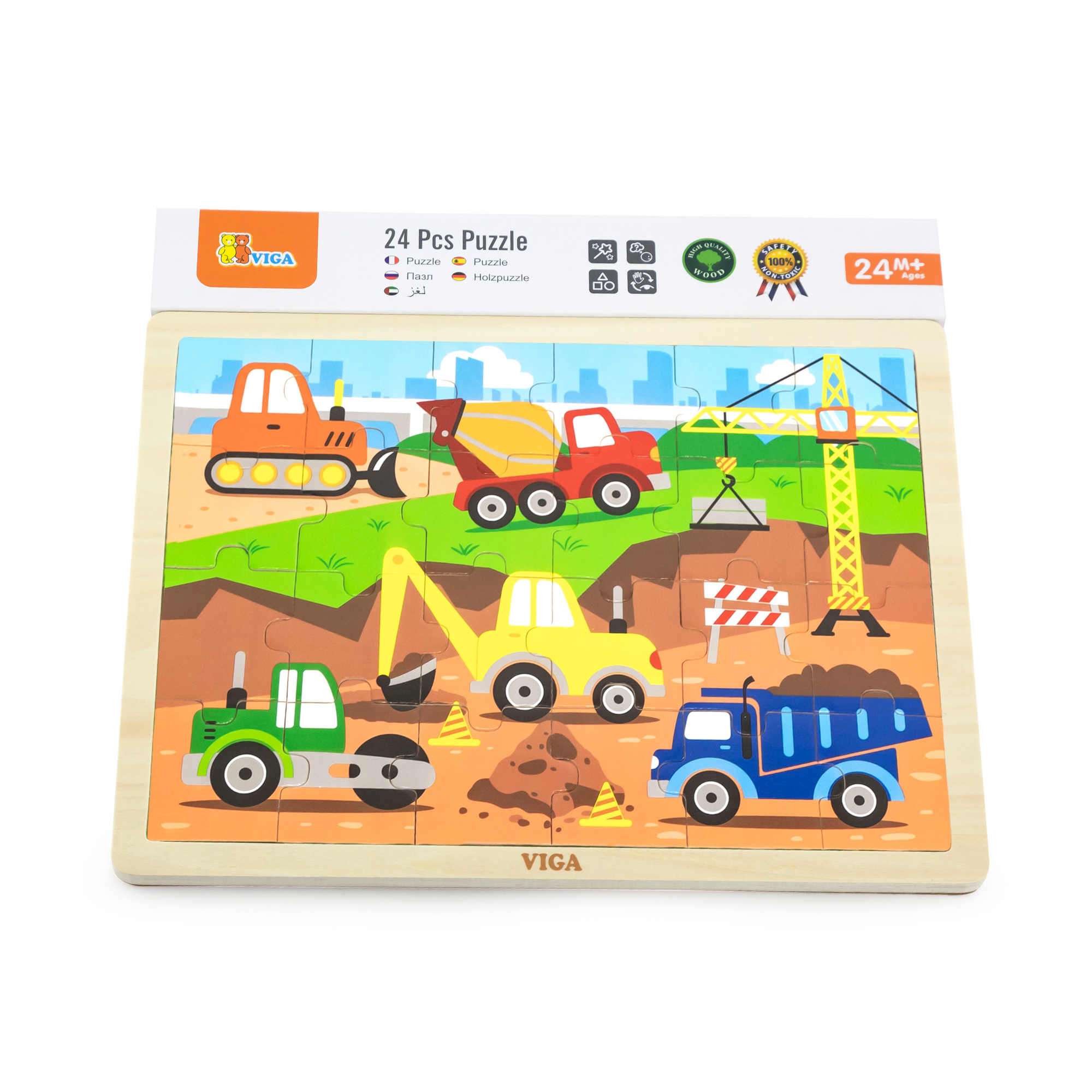 Viga Construction Vehicles, 24 Piece Jigsaw Puzzle, Montessori Wooden Toy, Develops Sensory, Cognitive & Fine Motor Skills, Non-Toxic & Eco-friendly Kids Educational Toy, Suitable for Children 2Y+