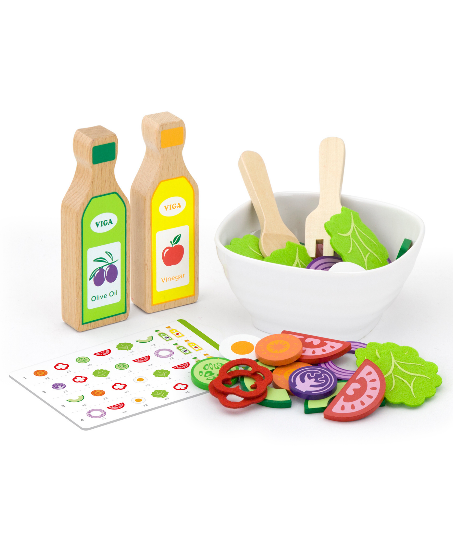 VIGA Wooden Little Chef Salad Play Set with 36 Pieces  Pretend Kitchen Toy with Vegetables, Utensils, and Recipe Leaflet  Educational Role Play for Toddlers  Ages 18 Months and Up