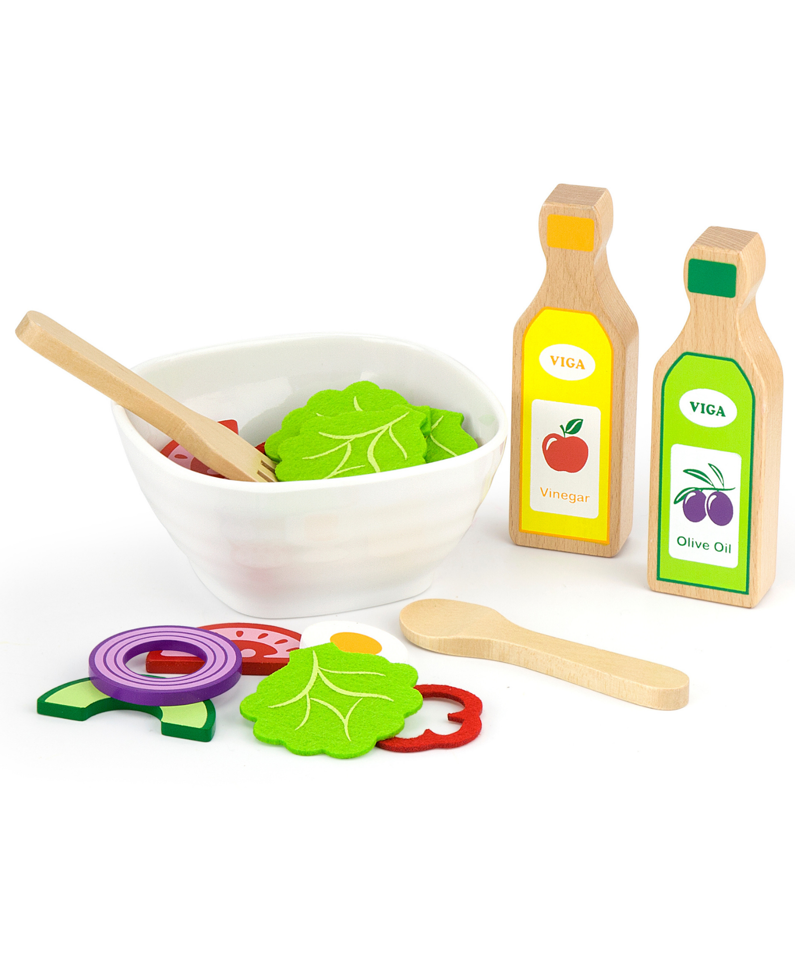 VIGA Wooden Little Chef Salad Play Set with 36 Pieces  Pretend Kitchen Toy with Vegetables, Utensils, and Recipe Leaflet  Educational Role Play for Toddlers  Ages 18 Months and Up