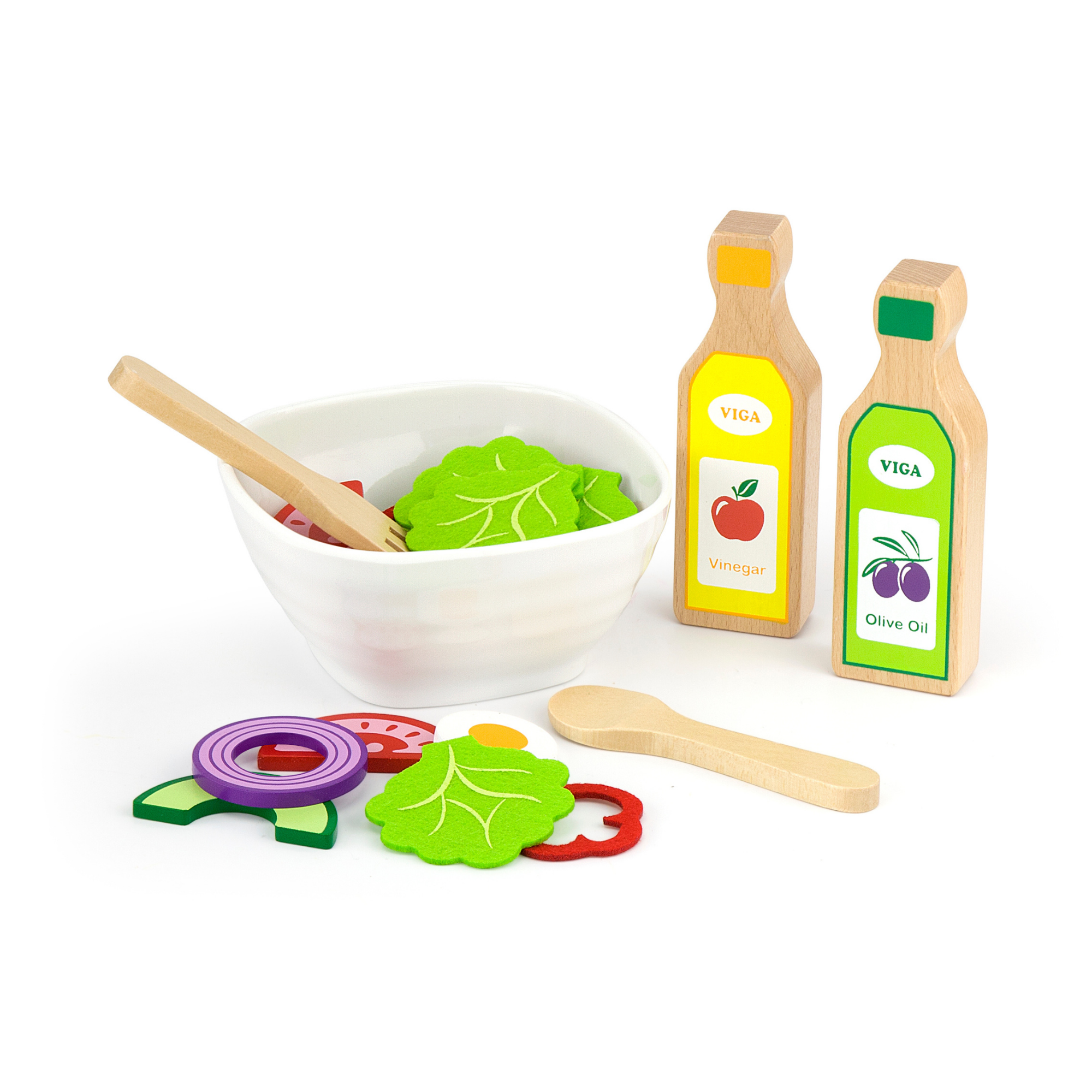 VIGA Wooden Little Chef Salad Play Set with 36 Pieces  Pretend Kitchen Toy with Vegetables, Utensils, and Recipe Leaflet  Educational Role Play for Toddlers  Ages 18 Months and Up