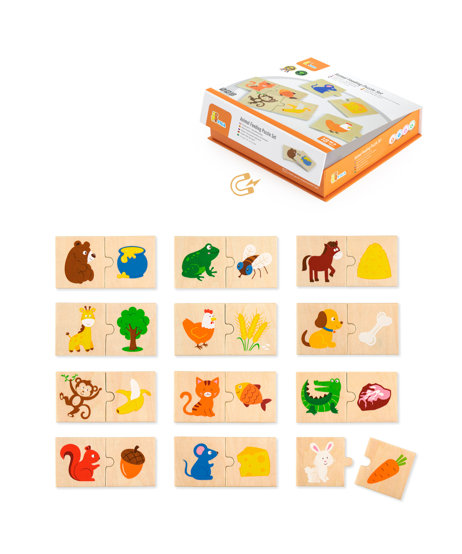Viga Animal Feeding, 12 Piece Mix & Match Puzzle, Montessori Wooden Toy, Develops Sensory, Cognitive & Fine Motor Skills, Non-Toxic & Eco-friendly Kids Educational Toy, for Boys & Girls 18M+