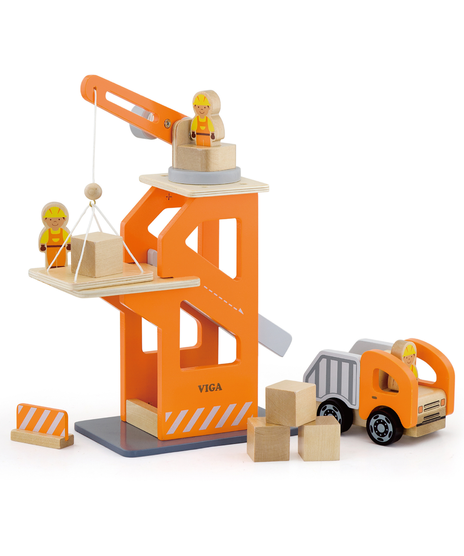 VIGA Wooden Crane Lift with Dumper  3 Builder Figures, Dump Truck, Blocks, and Accessories  Construction Role Play Toy for Kids  Ages 3 and Up