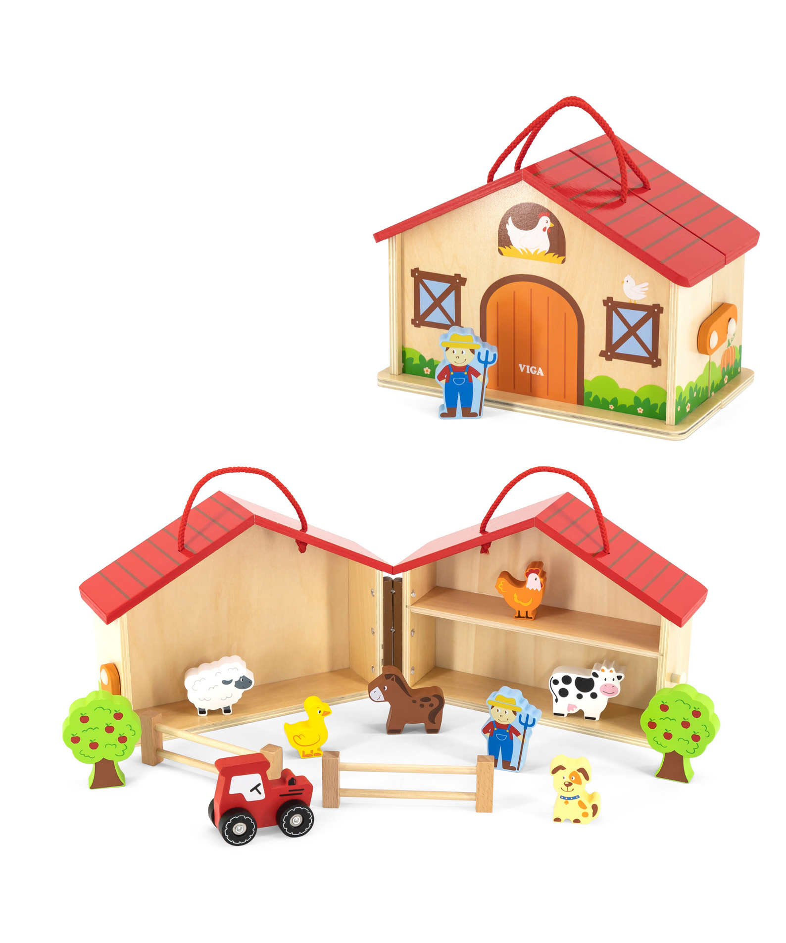 VIGA Wooden Farm Play Set in a Suitcase  20 Piece Farmhouse with Barn, Henhouse, Tractor, Animals, and Accessories  Portable Role Play Toy for Kids  Ages 3 and Up