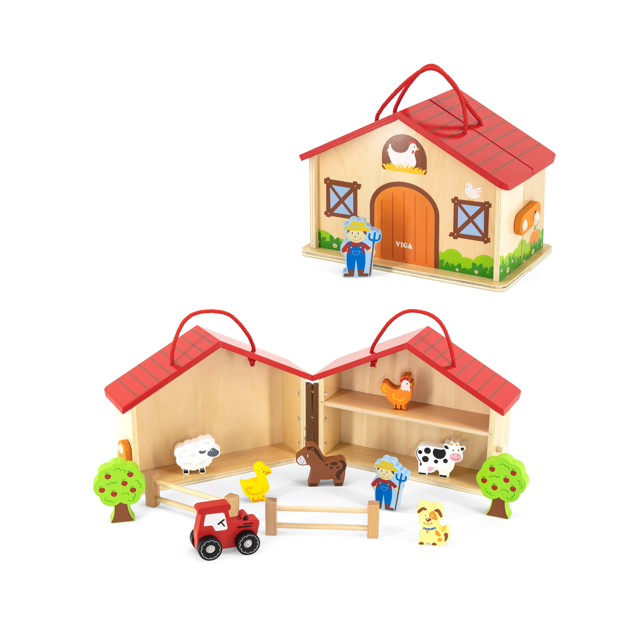 VIGA Wooden Farm Play Set in a Suitcase  20 Piece Farmhouse with Barn, Henhouse, Tractor, Animals, and Accessories  Portable Role Play Toy for Kids  Ages 3 and Up