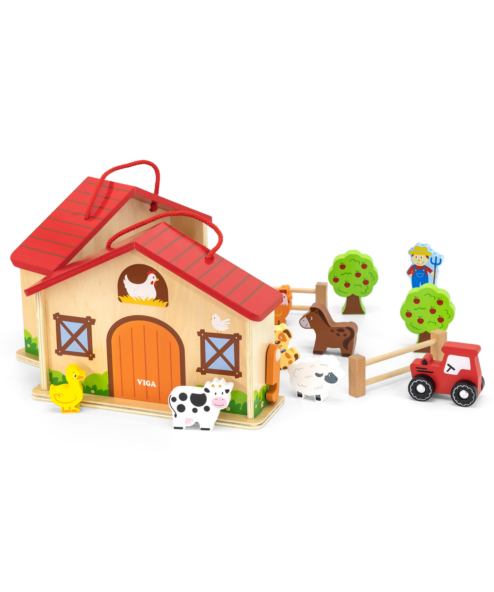 VIGA Wooden Farm Play Set in a Suitcase  20 Piece Farmhouse with Barn, Henhouse, Tractor, Animals, and Accessories  Portable Role Play Toy for Kids  Ages 3 and Up