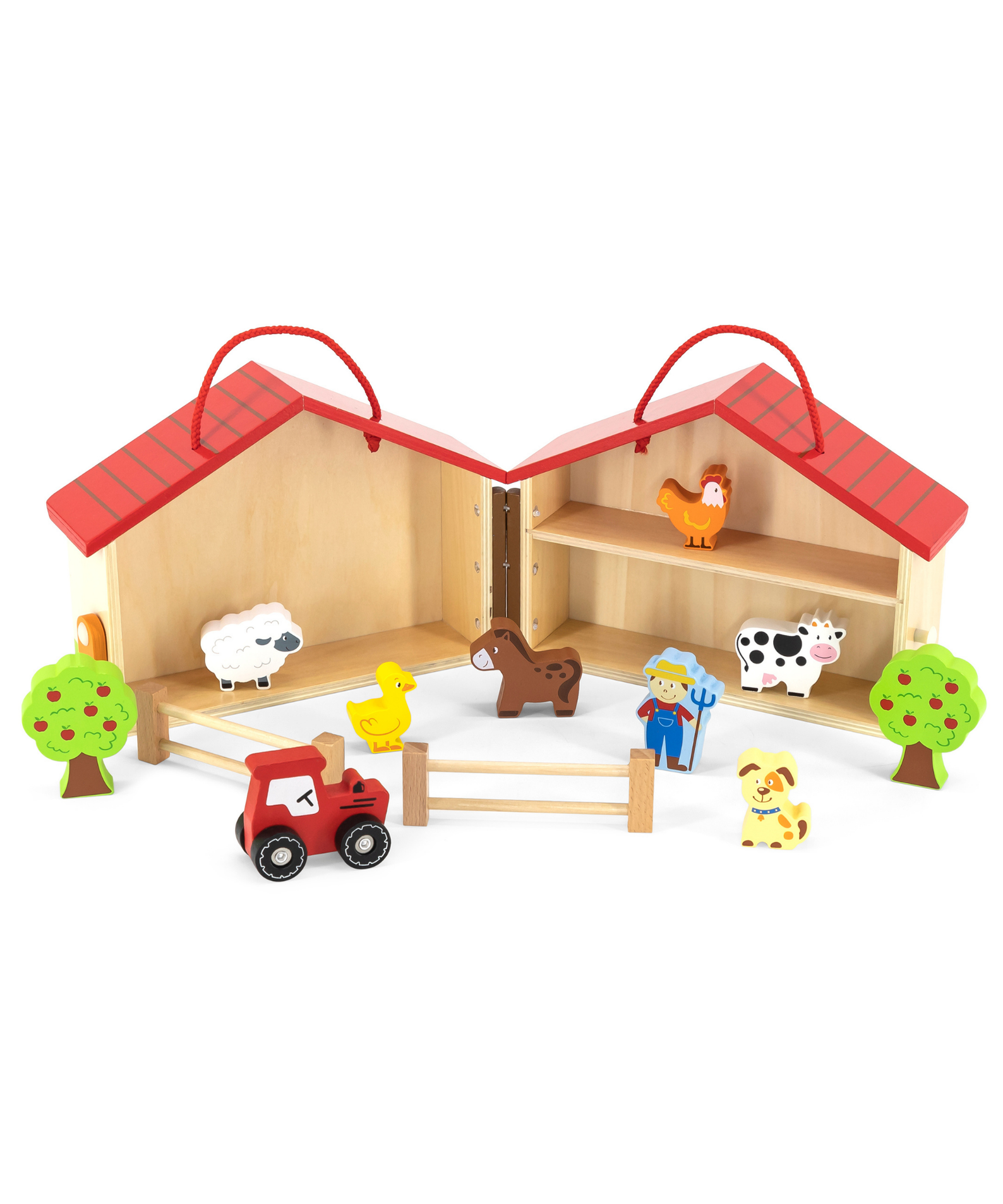 VIGA Wooden Farm Play Set in a Suitcase  20 Piece Farmhouse with Barn, Henhouse, Tractor, Animals, and Accessories  Portable Role Play Toy for Kids  Ages 3 and Up