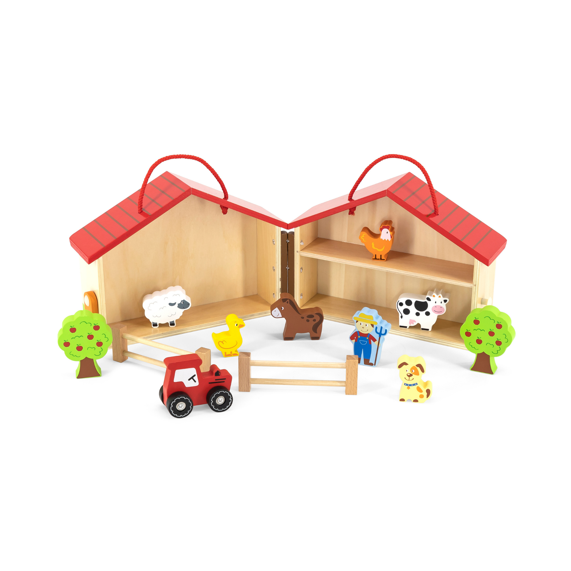 VIGA Wooden Farm Play Set in a Suitcase  20 Piece Farmhouse with Barn, Henhouse, Tractor, Animals, and Accessories  Portable Role Play Toy for Kids  Ages 3 and Up