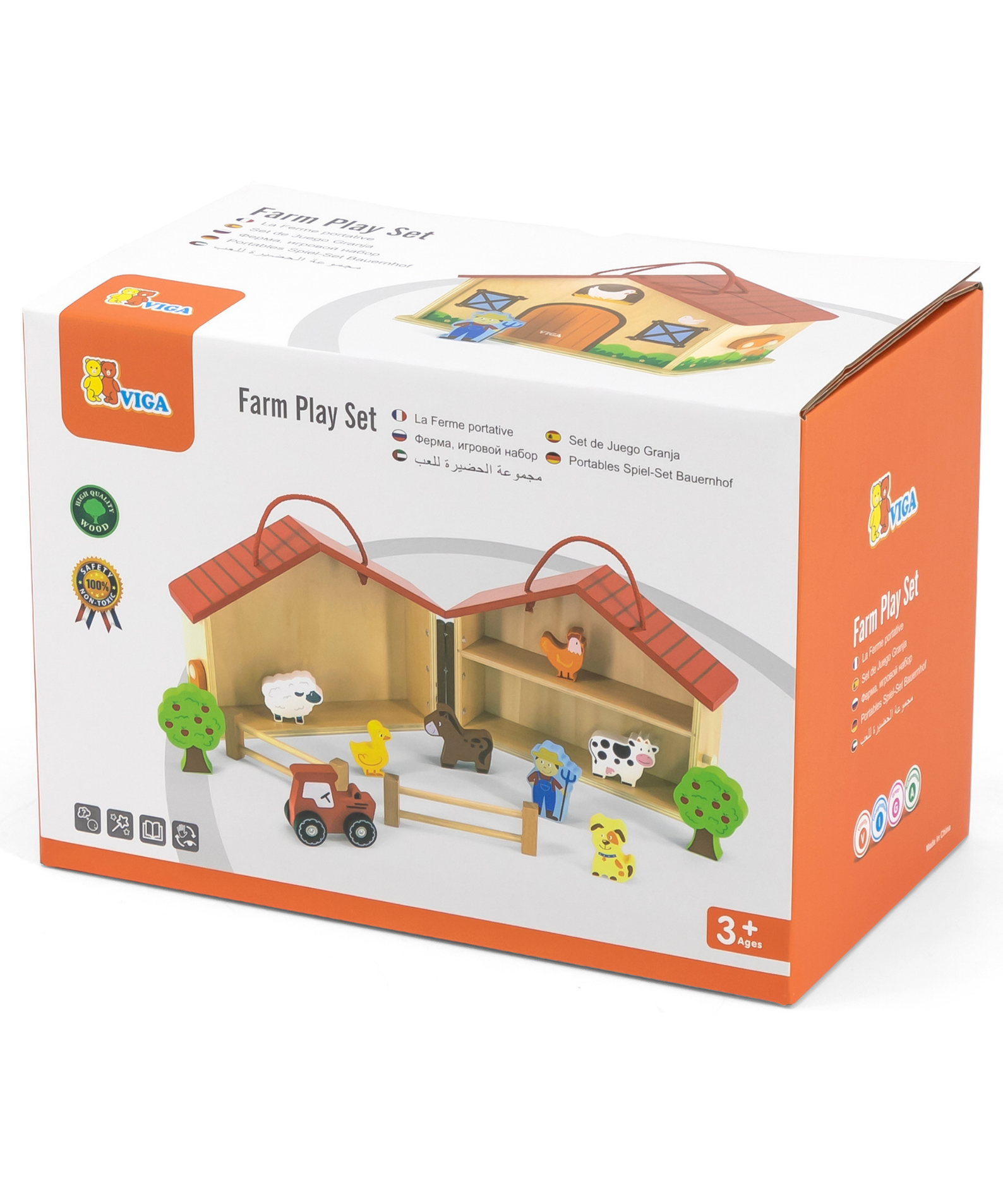 VIGA Wooden Farm Play Set in a Suitcase  20 Piece Farmhouse with Barn, Henhouse, Tractor, Animals, and Accessories  Portable Role Play Toy for Kids  Ages 3 and Up