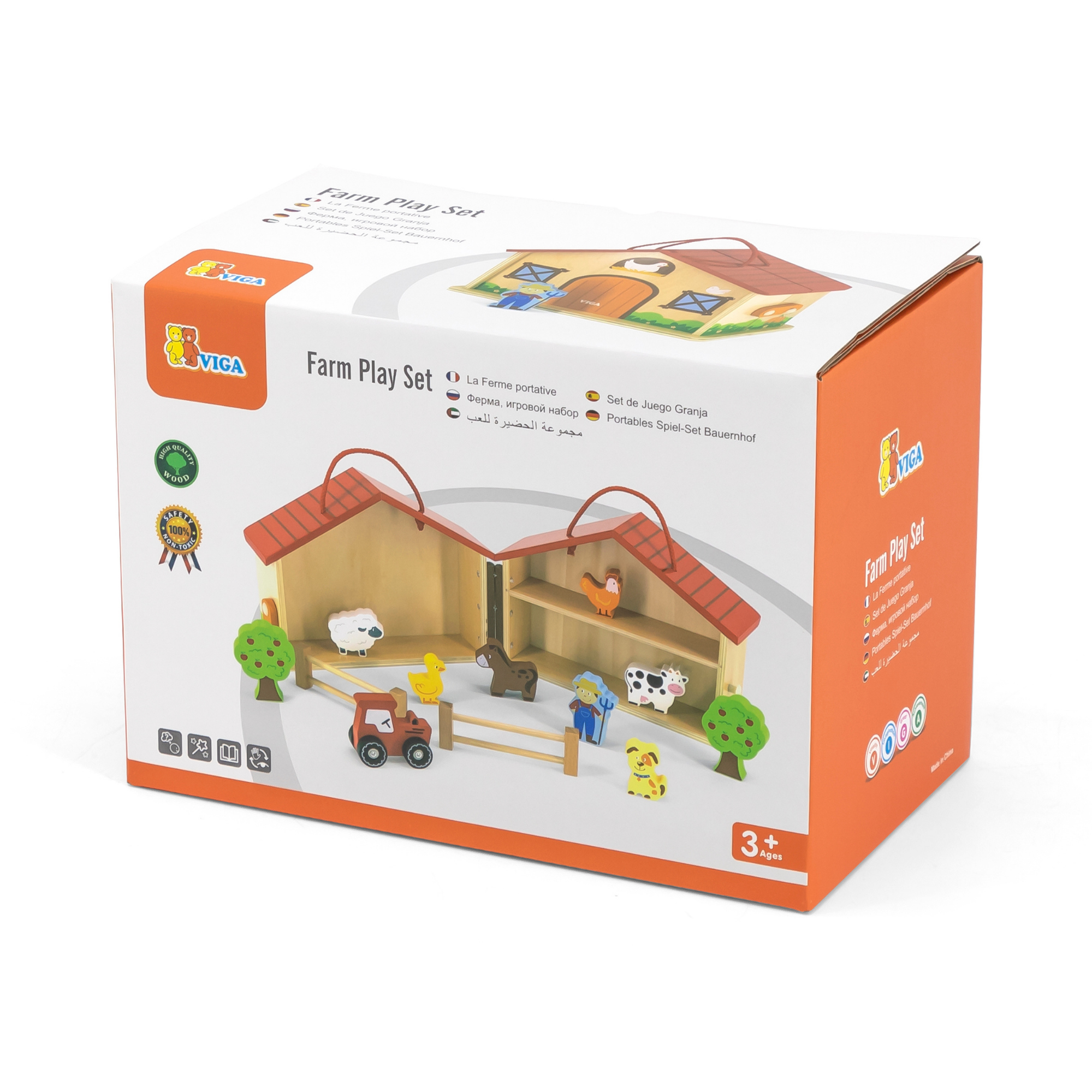 VIGA Wooden Farm Play Set in a Suitcase  20 Piece Farmhouse with Barn, Henhouse, Tractor, Animals, and Accessories  Portable Role Play Toy for Kids  Ages 3 and Up