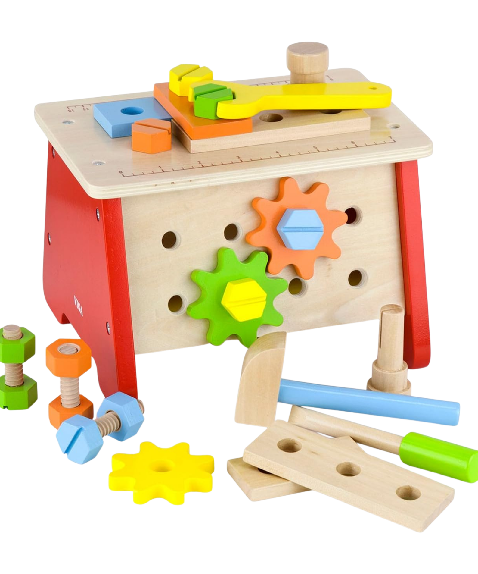 VIGA Wooden Table Top Work Bench  2-in-1 Tool Box and Mini Workstation for Kids Aged 3+  Pretend Play Construction Set with Wooden Tools and Accessories