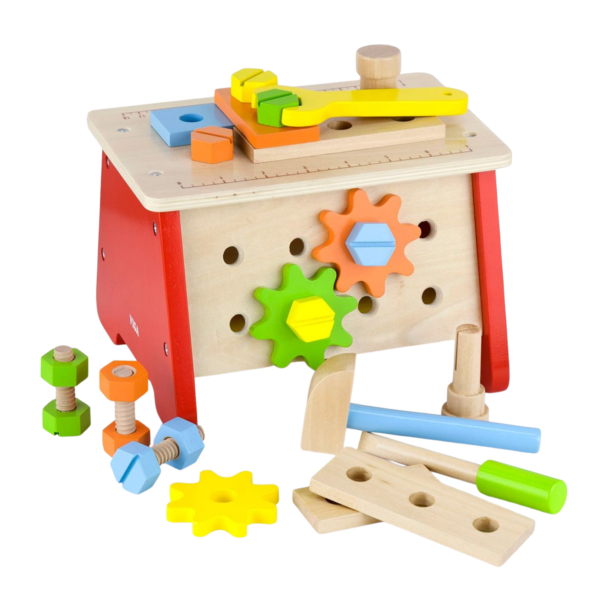VIGA Wooden Table Top Work Bench  2-in-1 Tool Box and Mini Workstation for Kids Aged 3+  Pretend Play Construction Set with Wooden Tools and Accessories