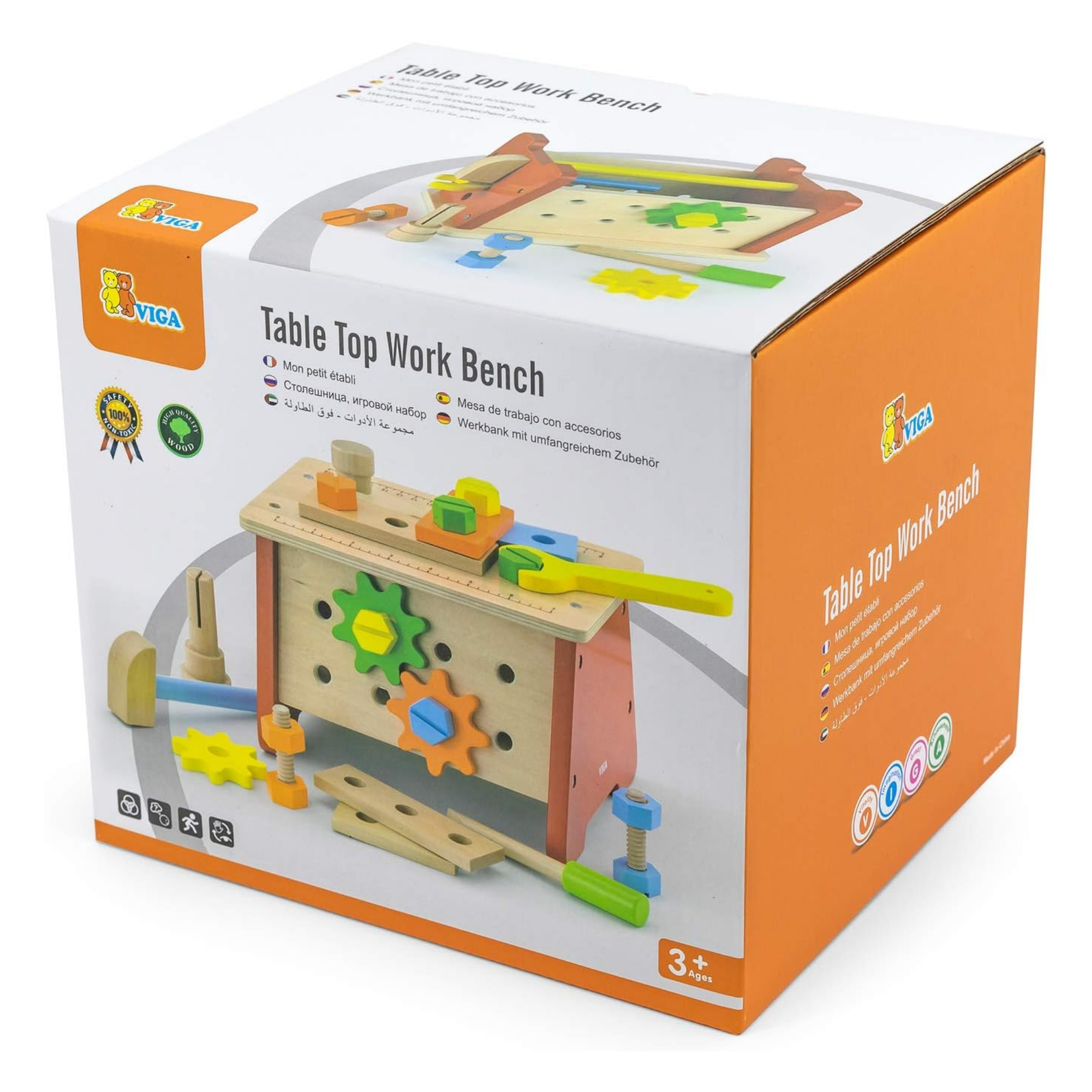 VIGA Wooden Table Top Work Bench  2-in-1 Tool Box and Mini Workstation for Kids Aged 3+  Pretend Play Construction Set with Wooden Tools and Accessories