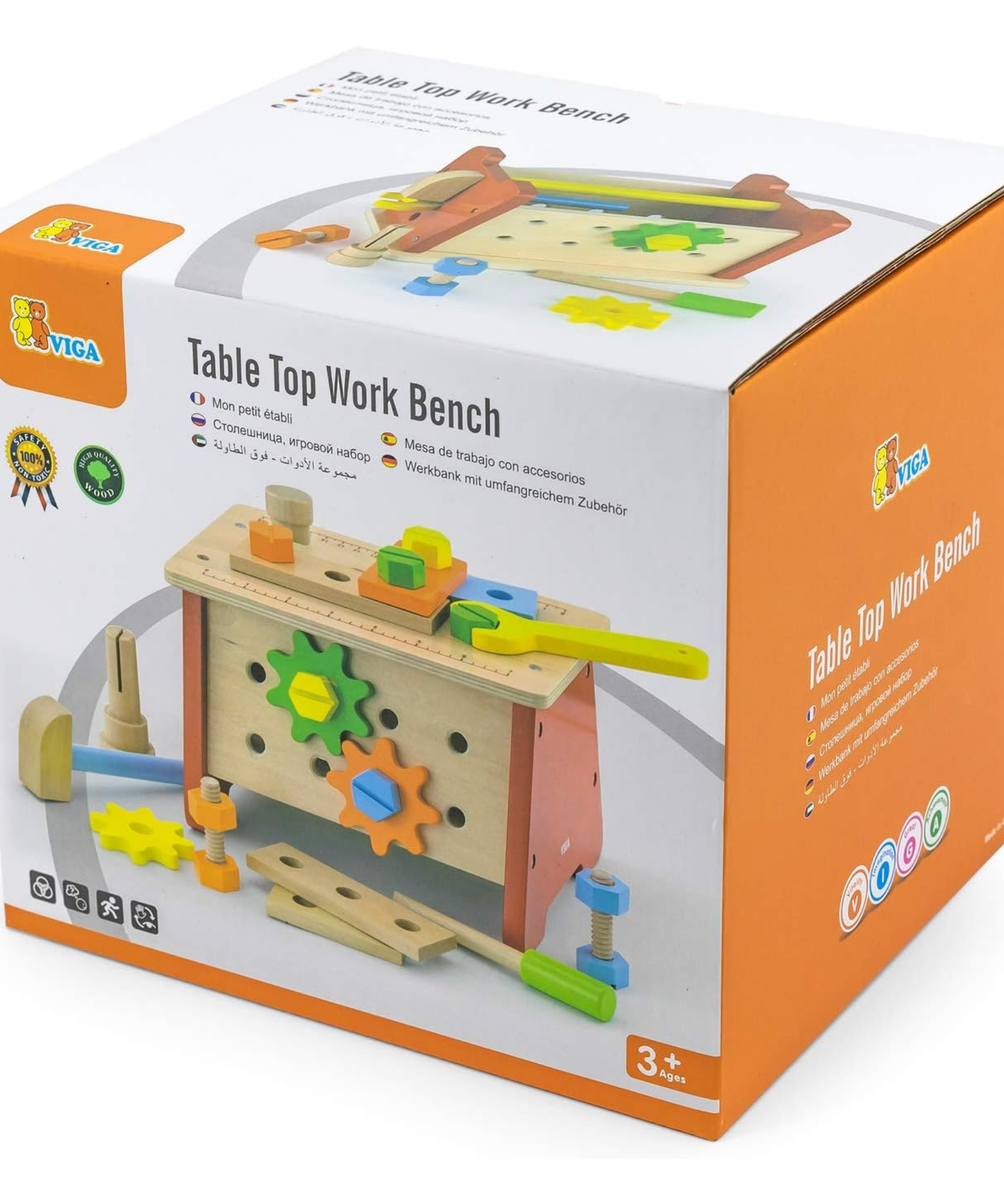 VIGA Wooden Table Top Work Bench  2-in-1 Tool Box and Mini Workstation for Kids Aged 3+  Pretend Play Construction Set with Wooden Tools and Accessories