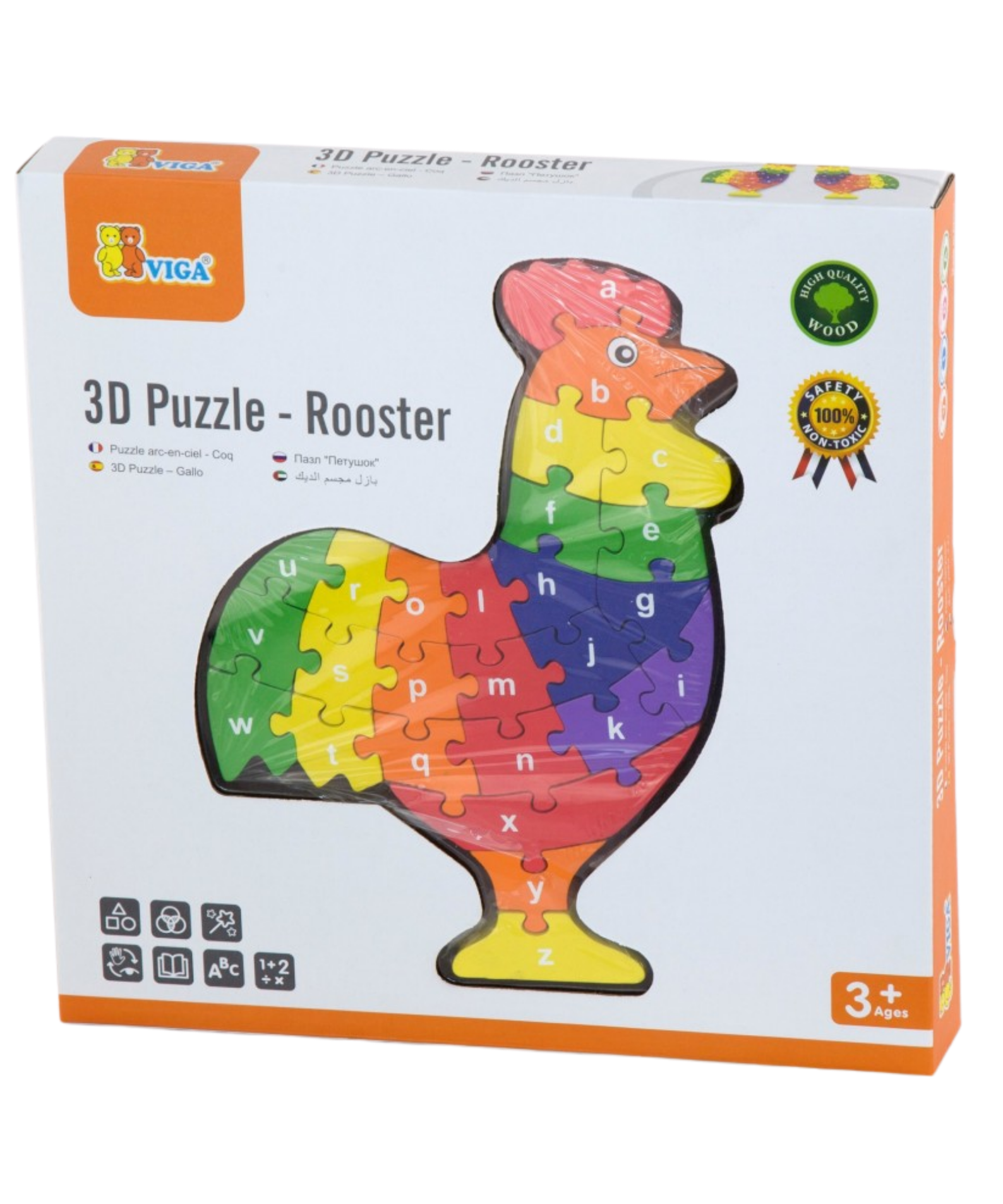 Viga 3D Rooster with Alphabets, 26 Piece Jigsaw Block Puzzle, Montessori Wooden Toy, Develops Sensory, Cognitive & Fine Motor Skills, Non-Toxic & Eco-friendly Kids Educational Toy, 3Y+