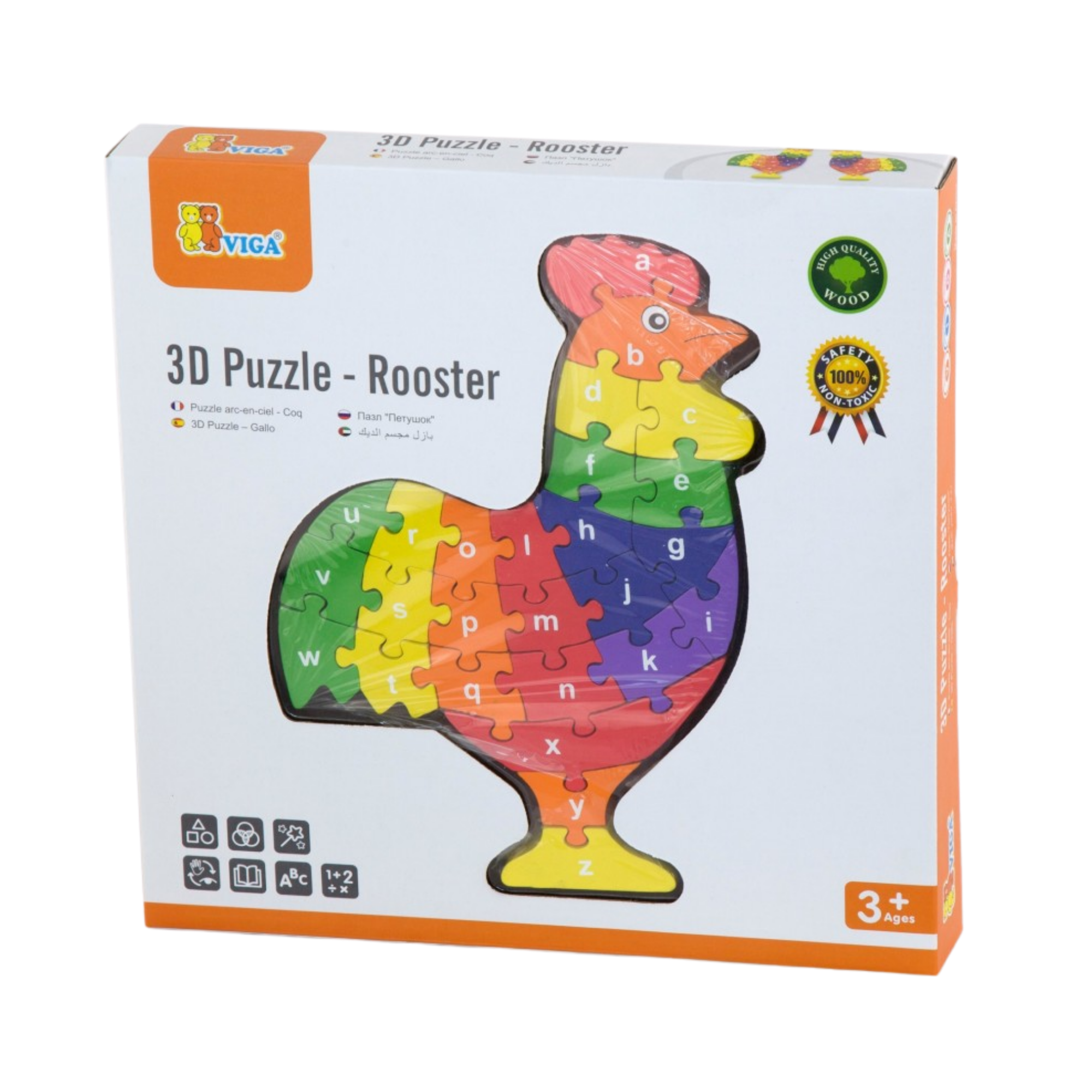 Viga 3D Rooster with Alphabets, 26 Piece Jigsaw Block Puzzle, Montessori Wooden Toy, Develops Sensory, Cognitive & Fine Motor Skills, Non-Toxic & Eco-friendly Kids Educational Toy, 3Y+