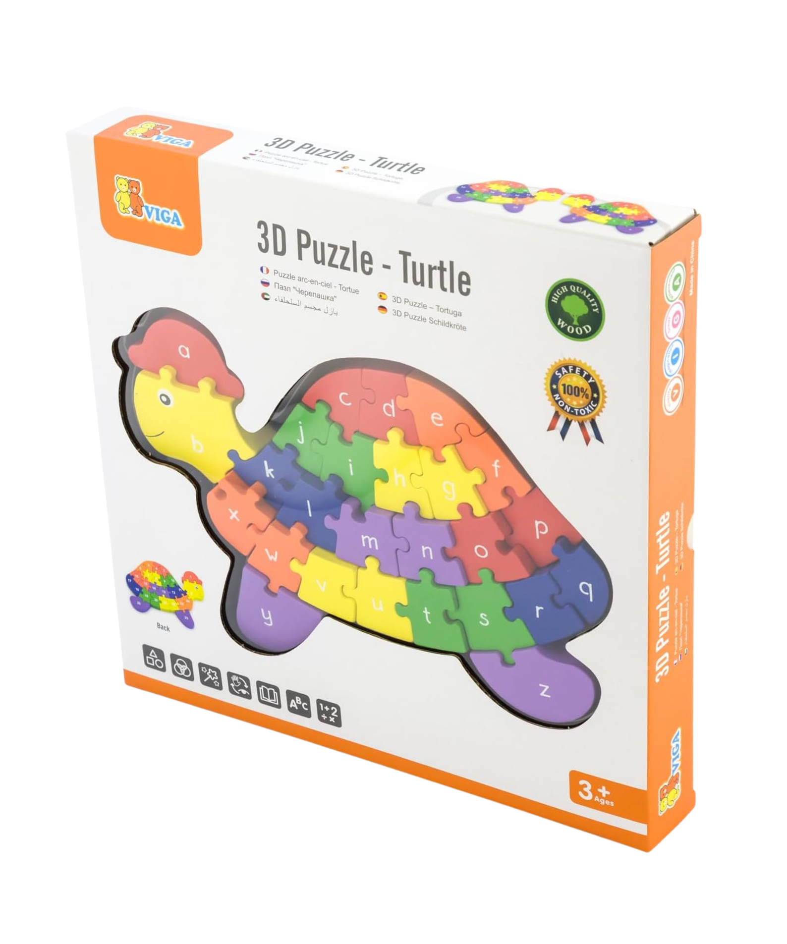 Viga 3D Turtle with Alphabets, 26 Piece Jigsaw Block Puzzle, Montessori Wooden Toy, Develops Sensory, Cognitive & Fine Motor Skills, Non-Toxic & Eco-friendly Kids Educational Toy, 3Y+