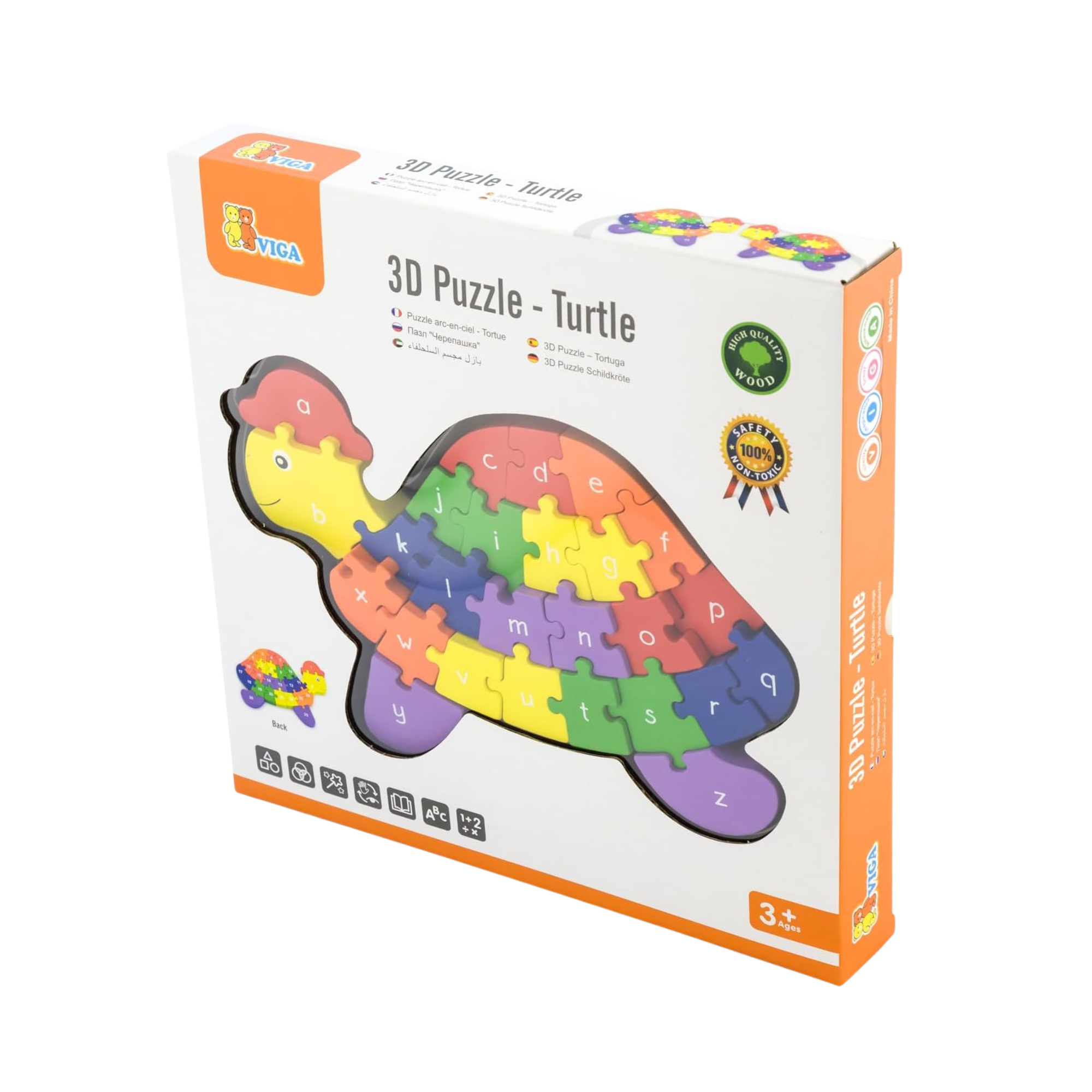 Viga 3D Turtle with Alphabets, 26 Piece Jigsaw Block Puzzle, Montessori Wooden Toy, Develops Sensory, Cognitive & Fine Motor Skills, Non-Toxic & Eco-friendly Kids Educational Toy, 3Y+
