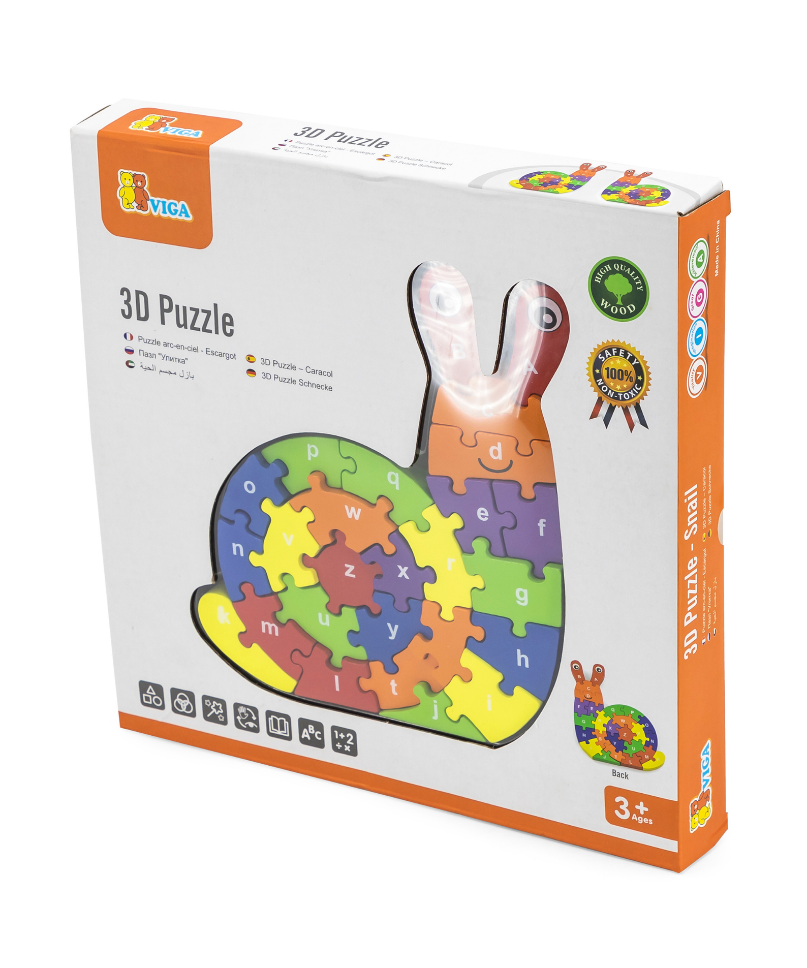 Viga 3D Snail with Alphabets, 26 Piece Jigsaw Block Puzzle, Montessori Wooden Toy, Develops Sensory, Cognitive & Fine Motor Skills, Non-Toxic & Eco-friendly Kids Educational Toy, 3Y+
