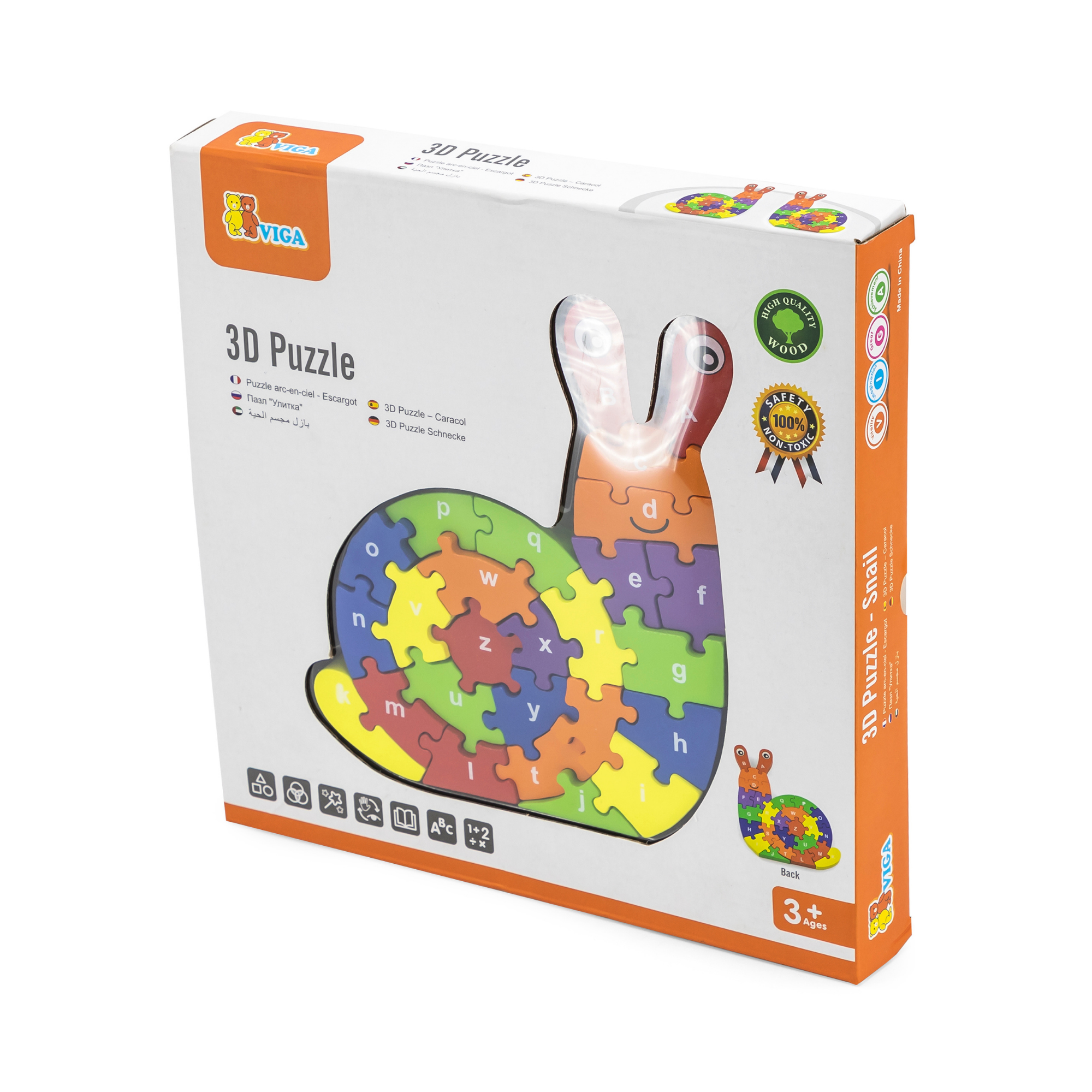 Viga 3D Snail with Alphabets, 26 Piece Jigsaw Block Puzzle, Montessori Wooden Toy, Develops Sensory, Cognitive & Fine Motor Skills, Non-Toxic & Eco-friendly Kids Educational Toy, 3Y+