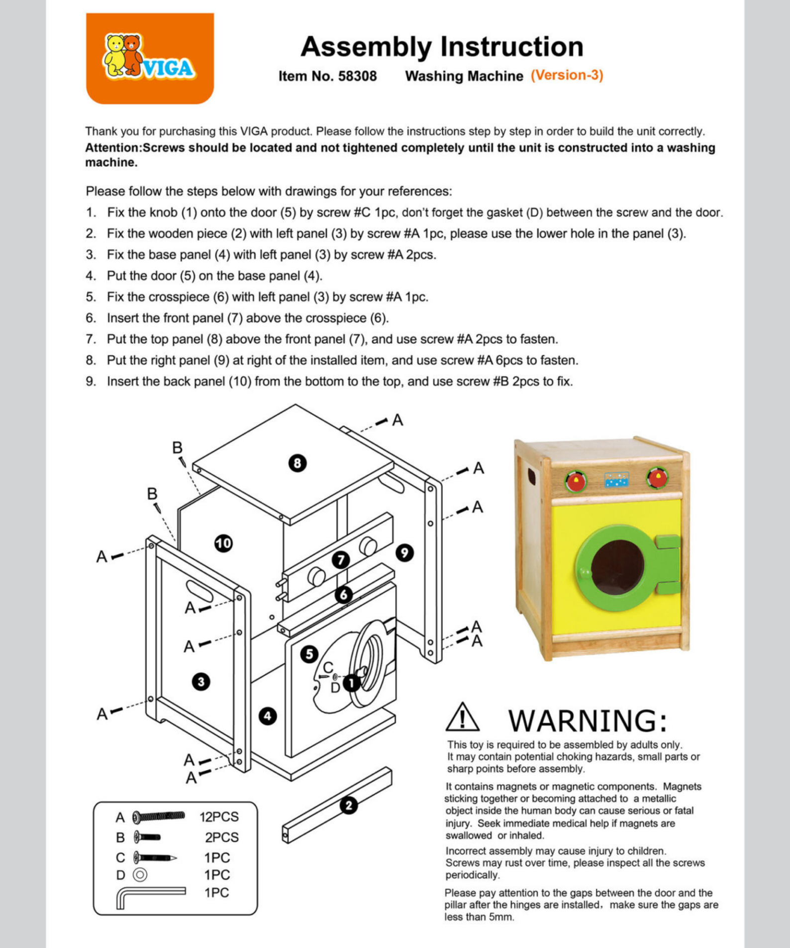 VIGA Wooden Washing Machine Pretend Play Toy for Kids  Age 3 Years and Above
