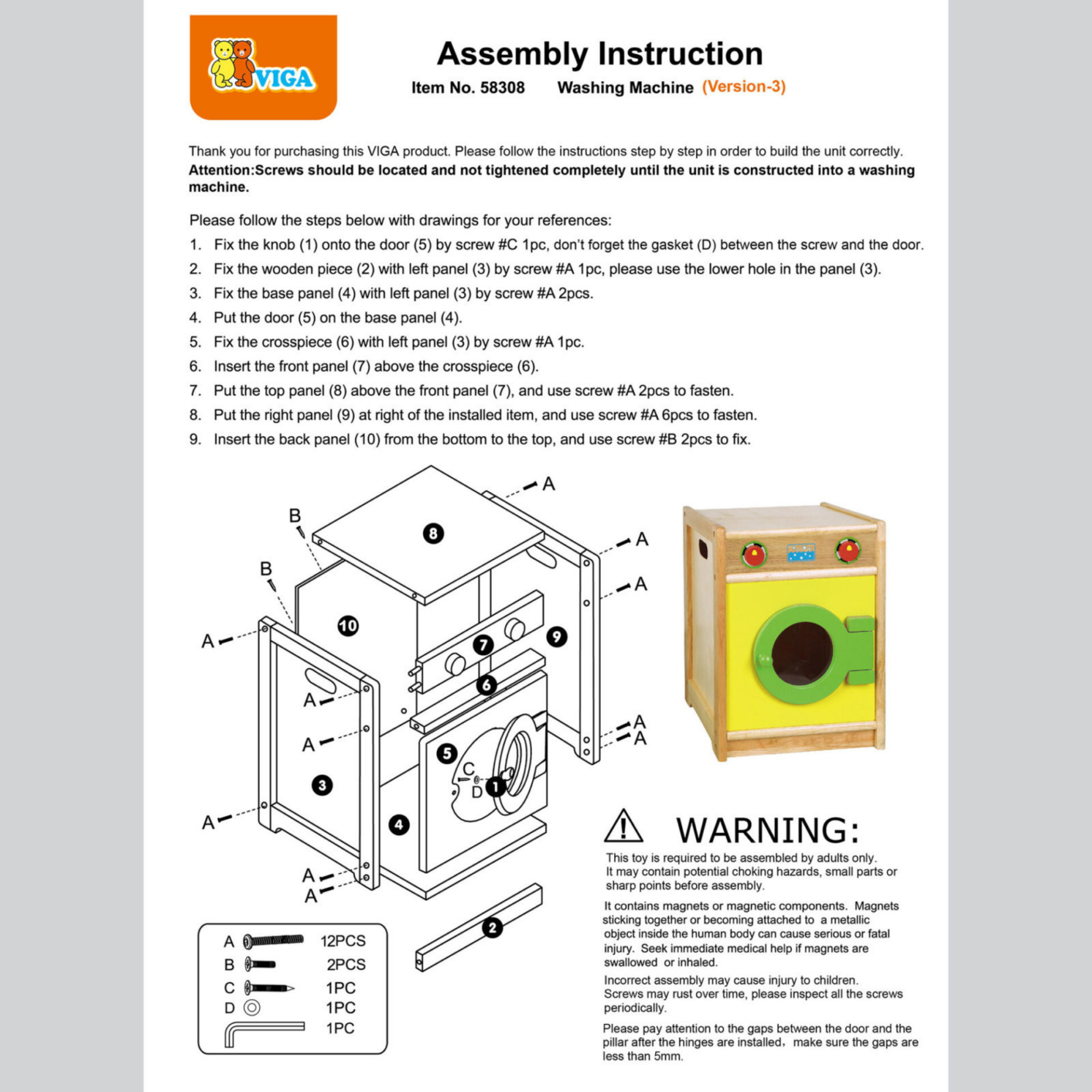 VIGA Wooden Washing Machine Pretend Play Toy for Kids  Age 3 Years and Above