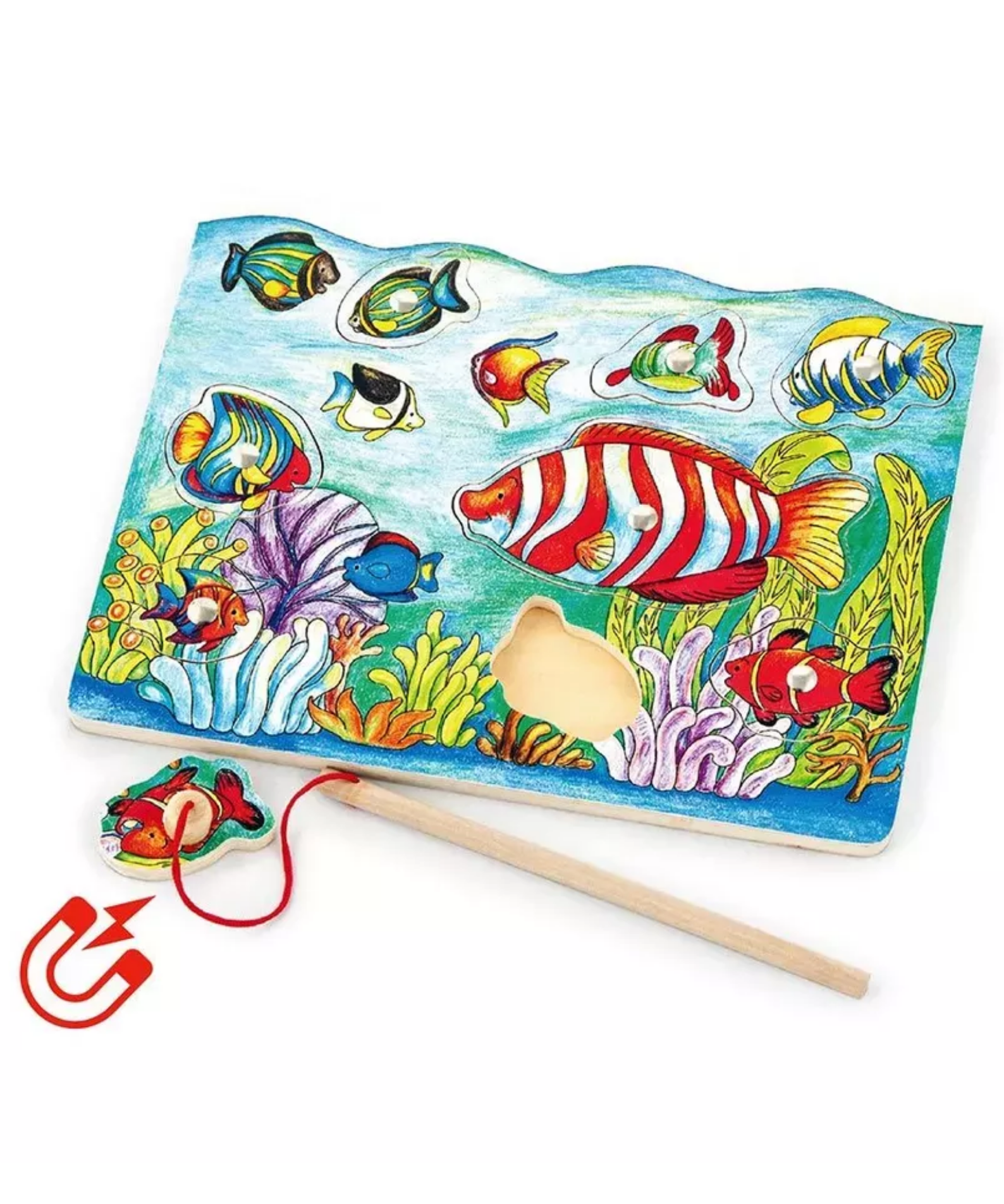 Viga Fishing with Rod, 8 Piece Magnetic Puzzle, Montessori Wooden Toy, Develops Sensory, Cognitive & Fine Motor Skills, Non-Toxic & Eco-friendly Kids Educational Toy, Suitable for Children Aged 18M+
