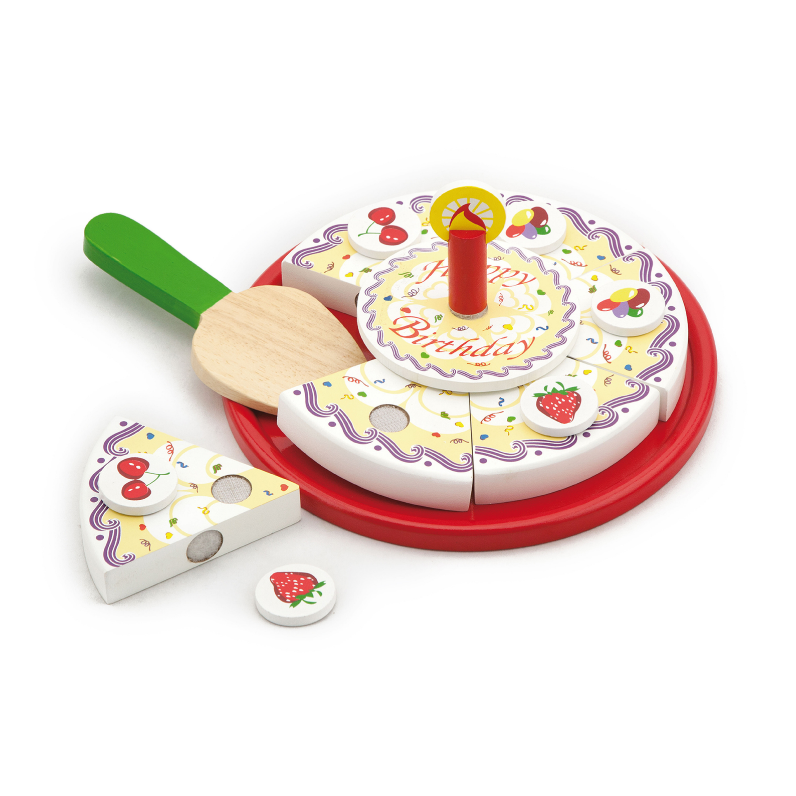 VIGA Wooden Cutting Birthday Cake Play Set  6 Slice Cake with Candle, Toppings, Serving Tools, and Age Numbers  Pretend Play Food Toy for Kids  Ages 18 Months and Up