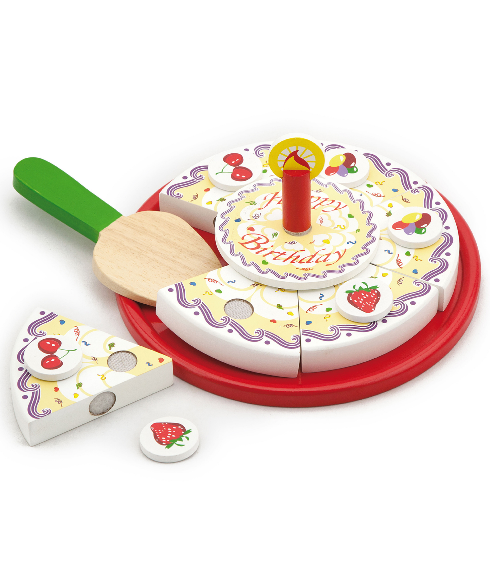 VIGA Wooden Cutting Birthday Cake Play Set  6 Slice Cake with Candle, Toppings, Serving Tools, and Age Numbers  Pretend Play Food Toy for Kids  Ages 18 Months and Up