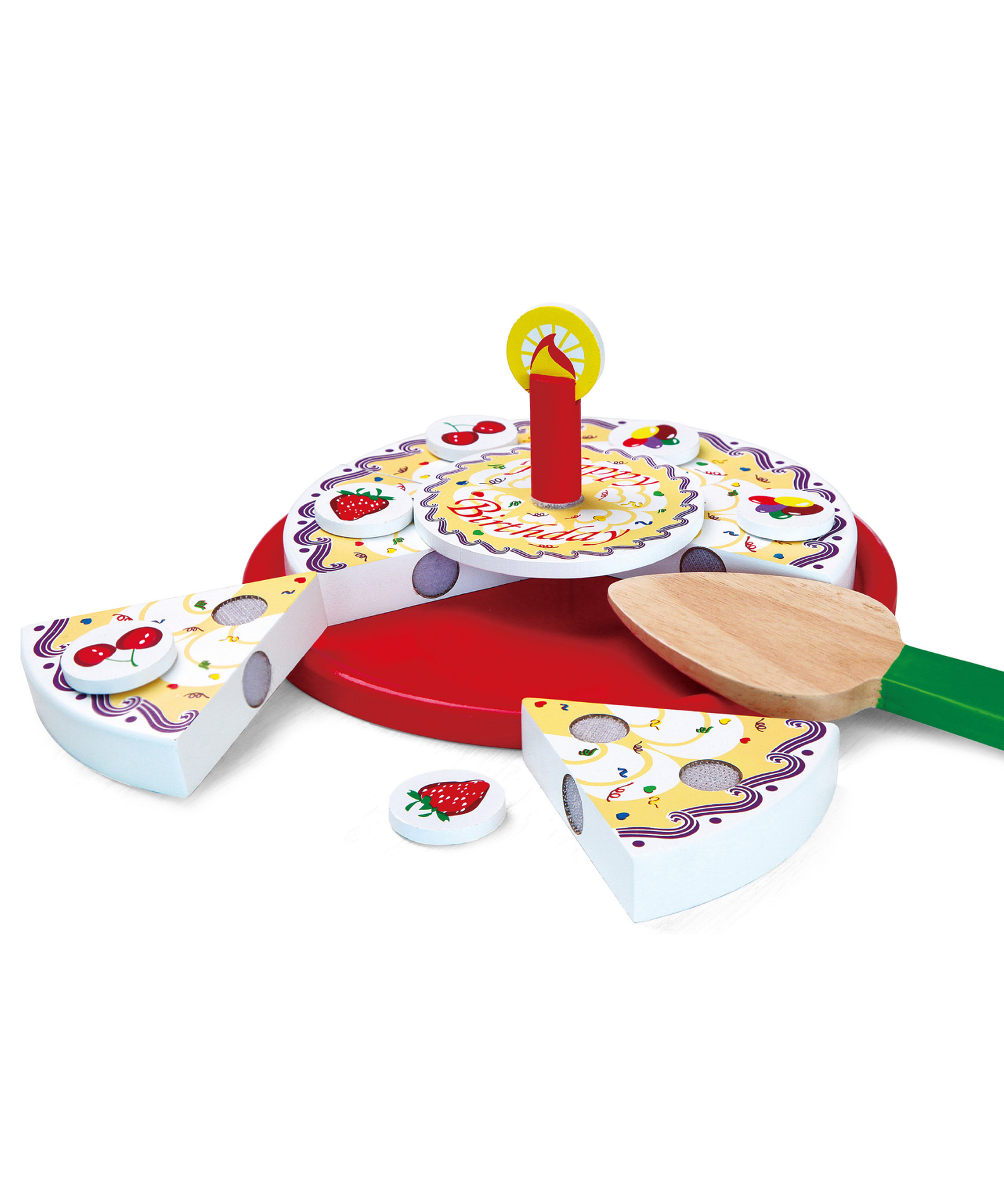 VIGA Wooden Cutting Birthday Cake Play Set  6 Slice Cake with Candle, Toppings, Serving Tools, and Age Numbers  Pretend Play Food Toy for Kids  Ages 18 Months and Up