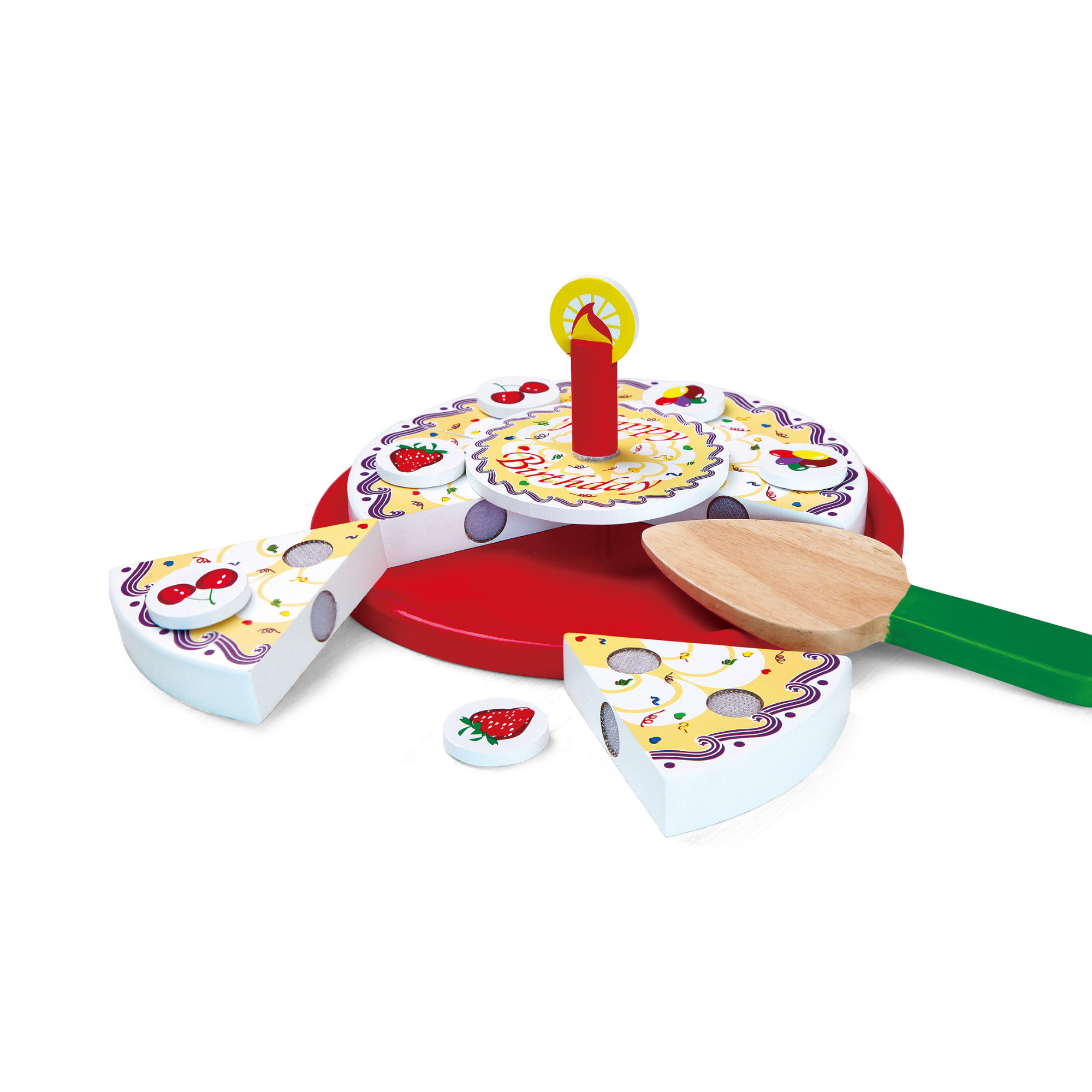 VIGA Wooden Cutting Birthday Cake Play Set  6 Slice Cake with Candle, Toppings, Serving Tools, and Age Numbers  Pretend Play Food Toy for Kids  Ages 18 Months and Up