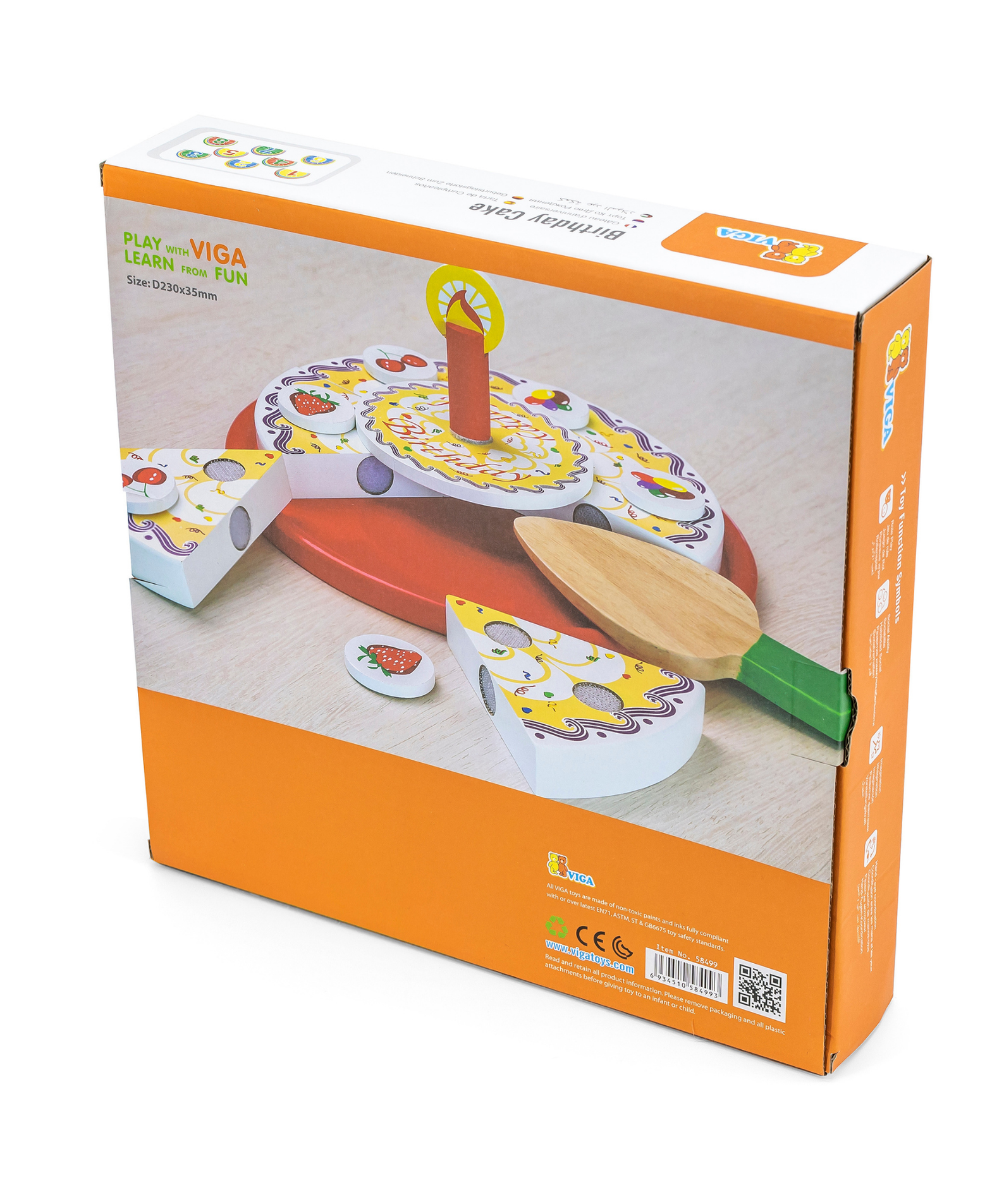 VIGA Wooden Cutting Birthday Cake Play Set  6 Slice Cake with Candle, Toppings, Serving Tools, and Age Numbers  Pretend Play Food Toy for Kids  Ages 18 Months and Up