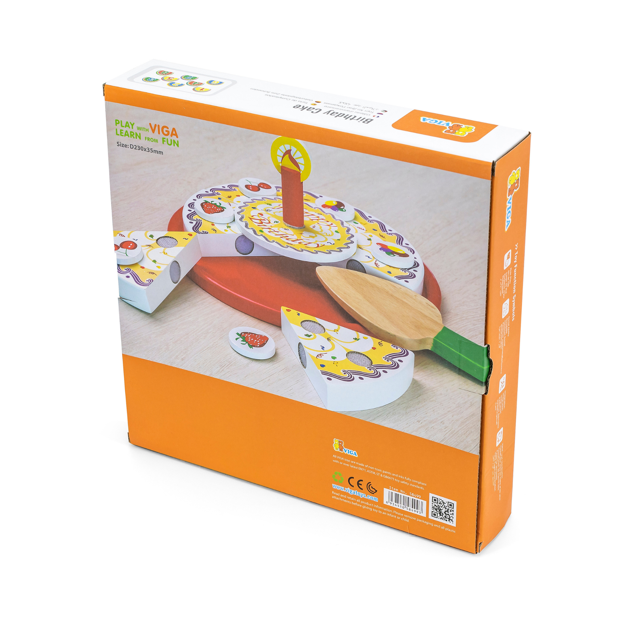 VIGA Wooden Cutting Birthday Cake Play Set  6 Slice Cake with Candle, Toppings, Serving Tools, and Age Numbers  Pretend Play Food Toy for Kids  Ages 18 Months and Up
