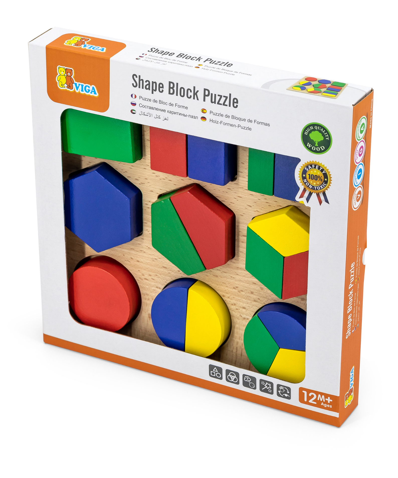 Viga Shapes, 18 Piece Geometric Block Puzzle, Montessori Wooden Toy, Develops Sensory, Cognitive & Fine Motor Skills, Non-Toxic & Eco-friendly Kids Educational Toy, Suitable for Children Aged 12M+