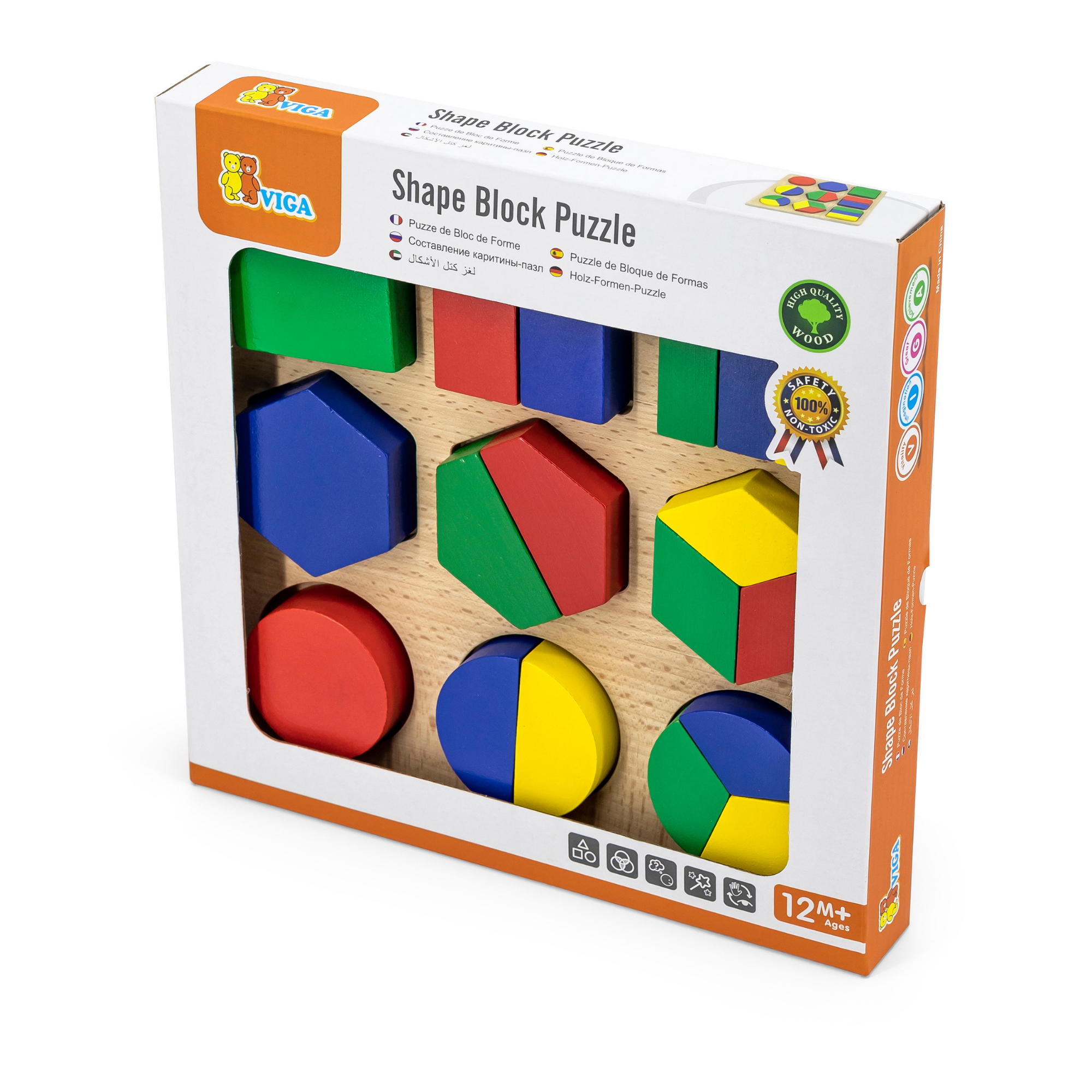 Viga Shapes, 18 Piece Geometric Block Puzzle, Montessori Wooden Toy, Develops Sensory, Cognitive & Fine Motor Skills, Non-Toxic & Eco-friendly Kids Educational Toy, Suitable for Children Aged 12M+