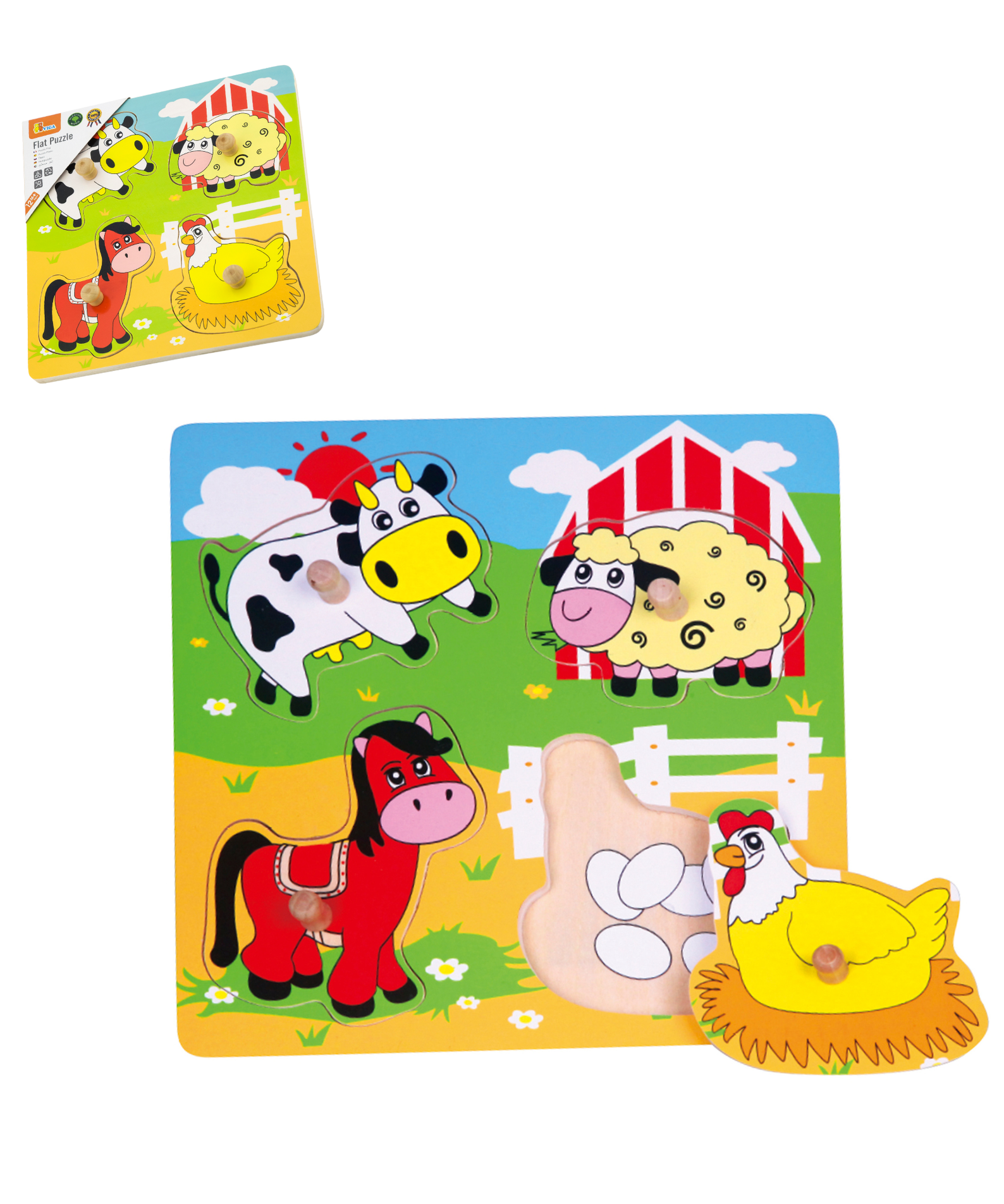 Viga Farm Animals, 4 Piece Knob Puzzle, Montessori Wooden Toy, Develops Sensory, Cognitive & Fine Motor Skills, Non-Toxic & Eco-friendly Kids Educational Toy, Suitable for Boys & Girls Aged 12M+