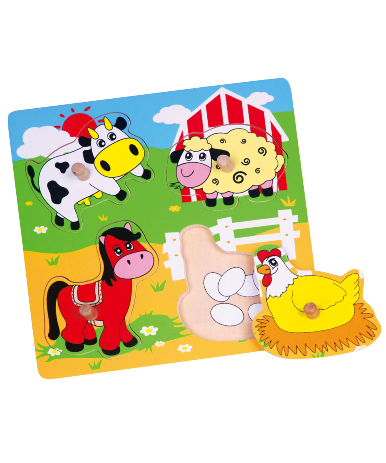 Viga Farm Animals, 4 Piece Knob Puzzle, Montessori Wooden Toy, Develops Sensory, Cognitive & Fine Motor Skills, Non-Toxic & Eco-friendly Kids Educational Toy, Suitable for Boys & Girls Aged 12M+