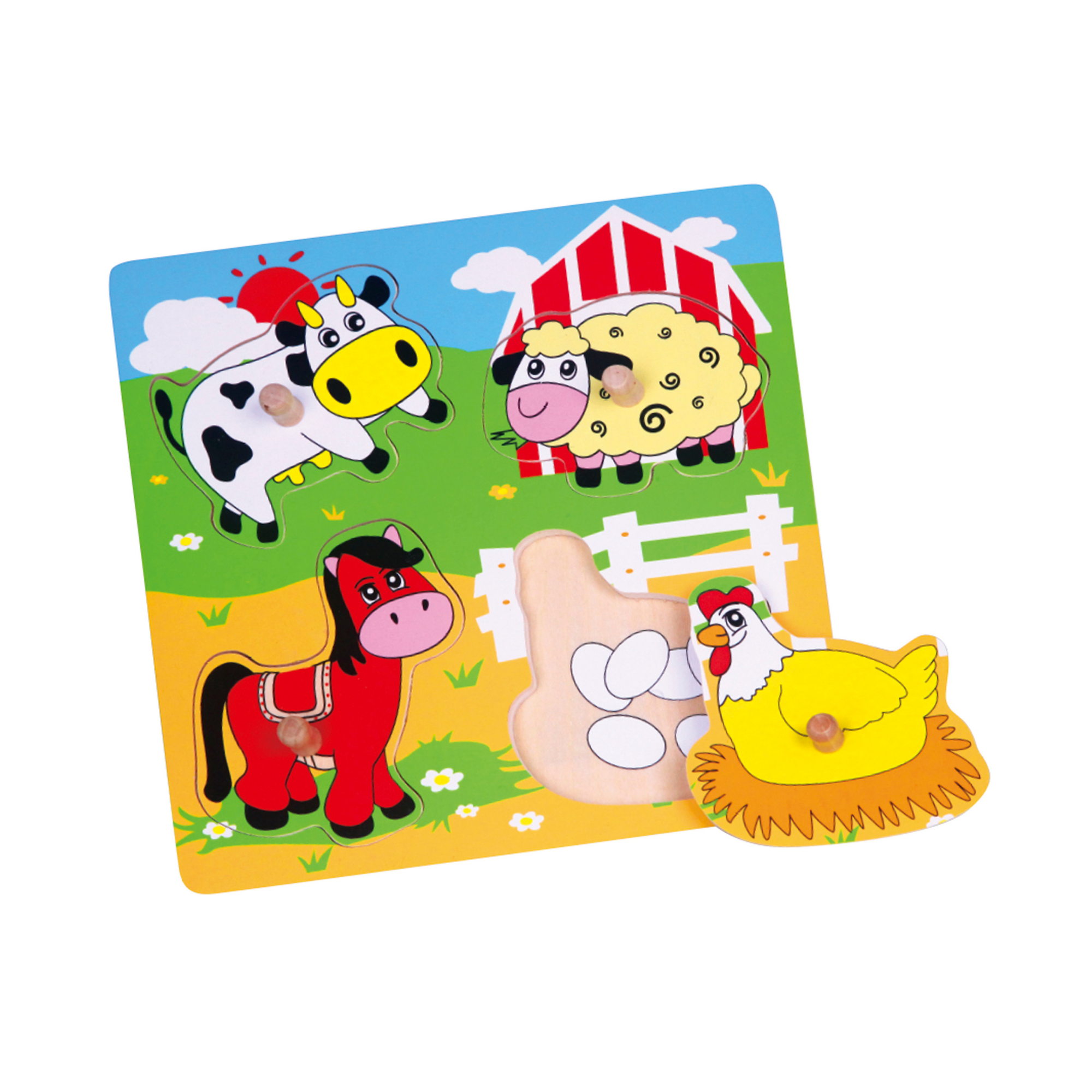 Viga Farm Animals, 4 Piece Knob Puzzle, Montessori Wooden Toy, Develops Sensory, Cognitive & Fine Motor Skills, Non-Toxic & Eco-friendly Kids Educational Toy, Suitable for Boys & Girls Aged 12M+