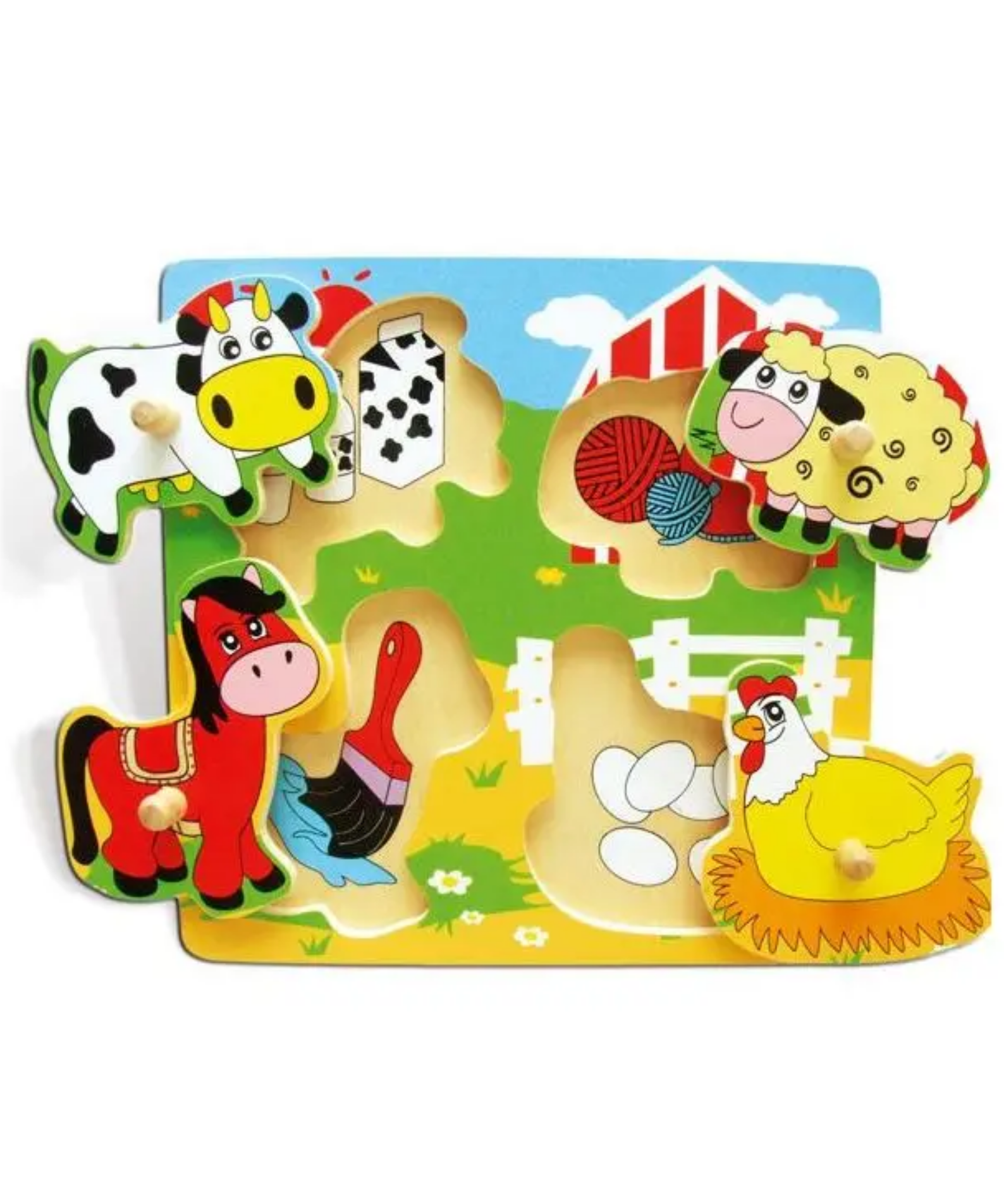 Viga Farm Animals, 4 Piece Knob Puzzle, Montessori Wooden Toy, Develops Sensory, Cognitive & Fine Motor Skills, Non-Toxic & Eco-friendly Kids Educational Toy, Suitable for Boys & Girls Aged 12M+
