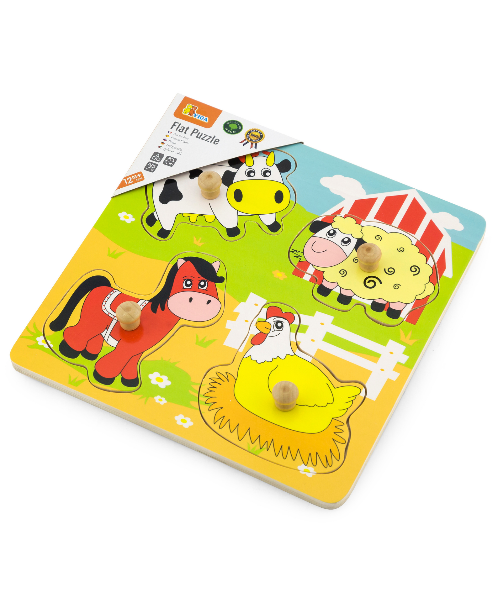 Viga Farm Animals, 4 Piece Knob Puzzle, Montessori Wooden Toy, Develops Sensory, Cognitive & Fine Motor Skills, Non-Toxic & Eco-friendly Kids Educational Toy, Suitable for Boys & Girls Aged 12M+