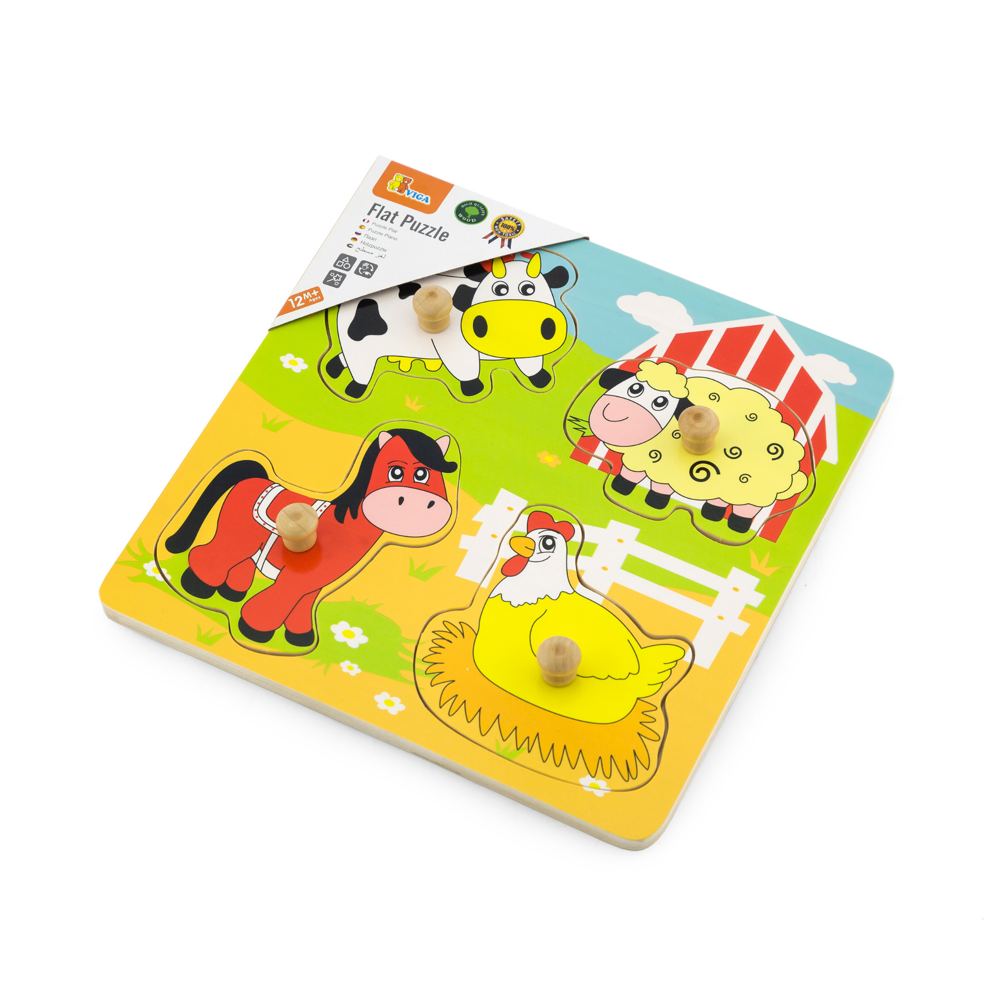 Viga Farm Animals, 4 Piece Knob Puzzle, Montessori Wooden Toy, Develops Sensory, Cognitive & Fine Motor Skills, Non-Toxic & Eco-friendly Kids Educational Toy, Suitable for Boys & Girls Aged 12M+