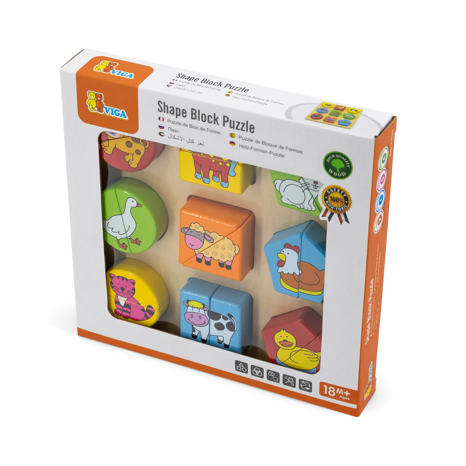 Viga Farm Animals, 18 Piece Geometric Block Puzzle, Montessori Wooden Toy, Develops Sensory, Cognitive & Fine Motor Skills, Non-Toxic & Eco-friendly Kids Educational Toy, Suitable for Children 18M+