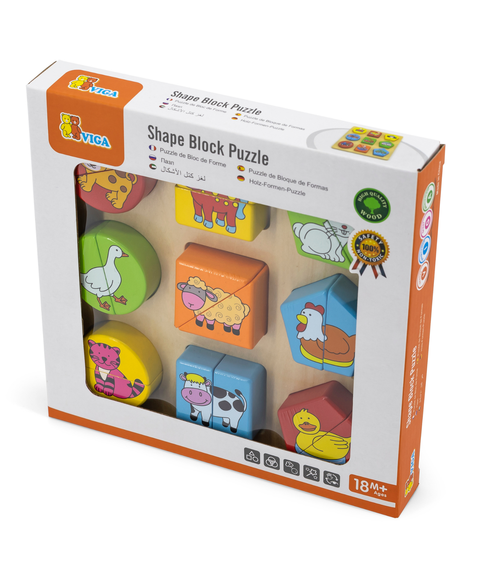 Viga Farm Animals, 18 Piece Geometric Block Puzzle, Montessori Wooden Toy, Develops Sensory, Cognitive & Fine Motor Skills, Non-Toxic & Eco-friendly Kids Educational Toy, Suitable for Children 18M+