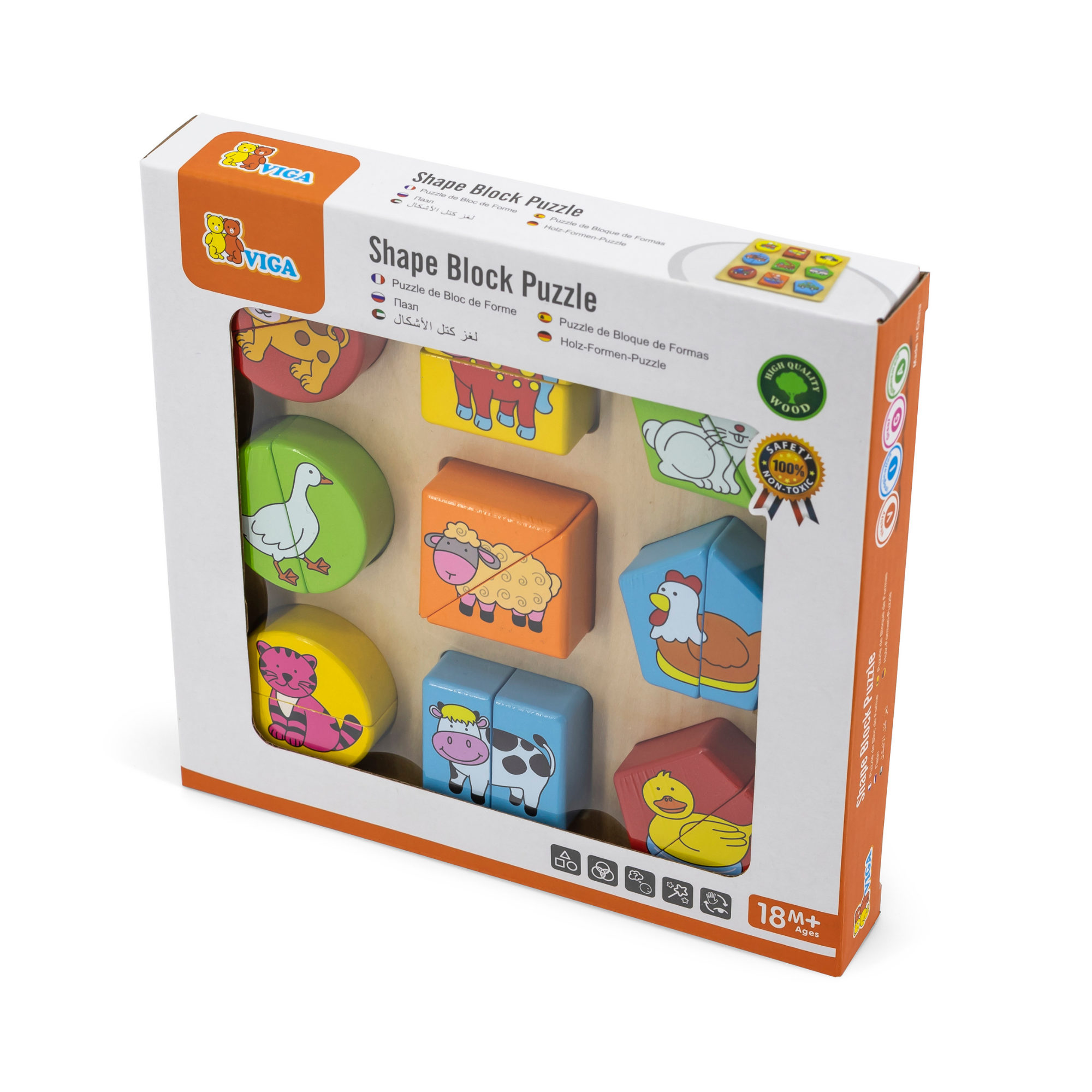 Viga Farm Animals, 18 Piece Geometric Block Puzzle, Montessori Wooden Toy, Develops Sensory, Cognitive & Fine Motor Skills, Non-Toxic & Eco-friendly Kids Educational Toy, Suitable for Children 18M+