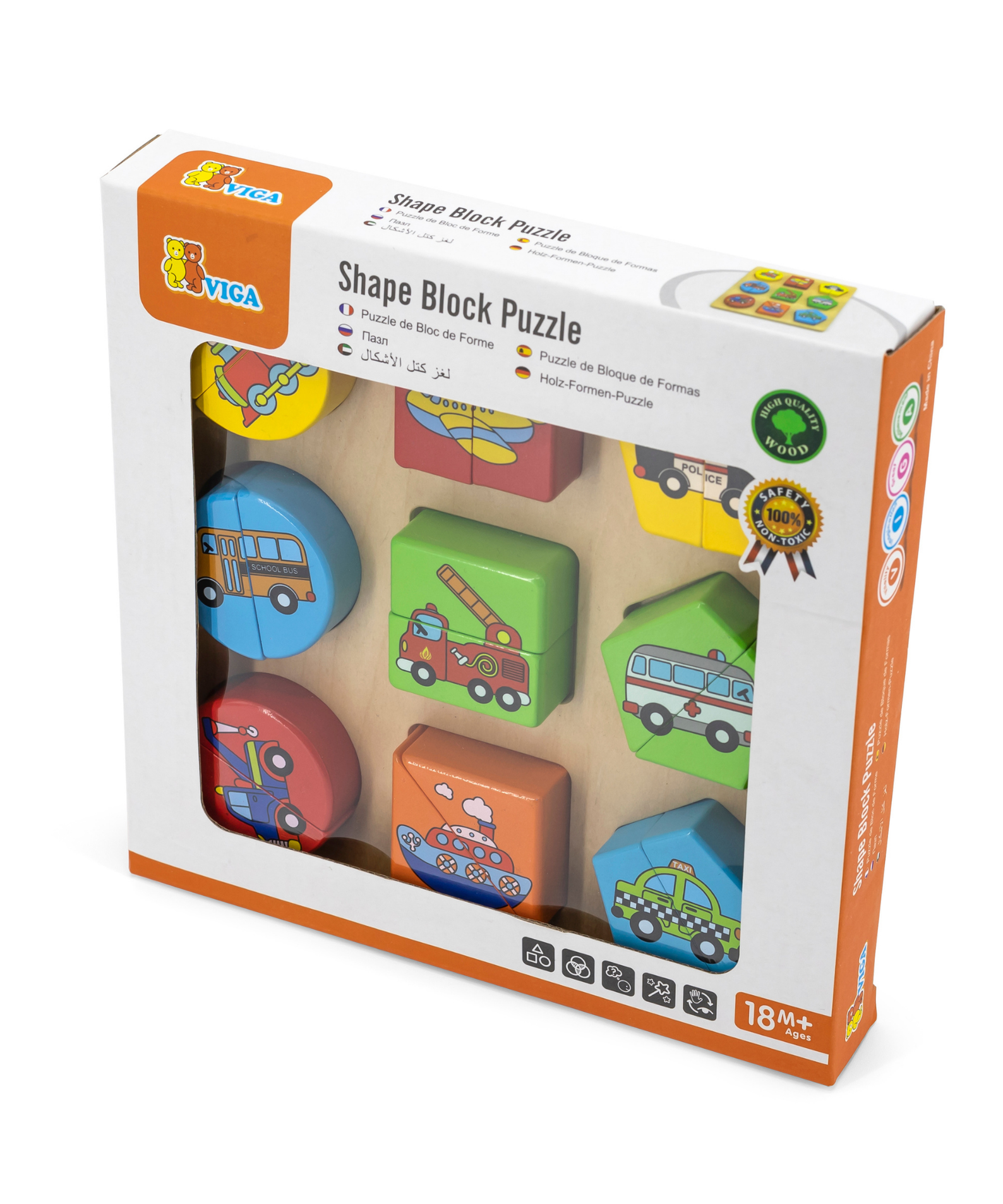 Viga Vehicles & Shapes, 18 Piece Block Puzzle, Montessori Wooden Toy, Develops Sensory, Cognitive & Fine Motor Skills, Non-Toxic & Eco-friendly Kids Educational Toy, Suitable for Children Aged 18M+