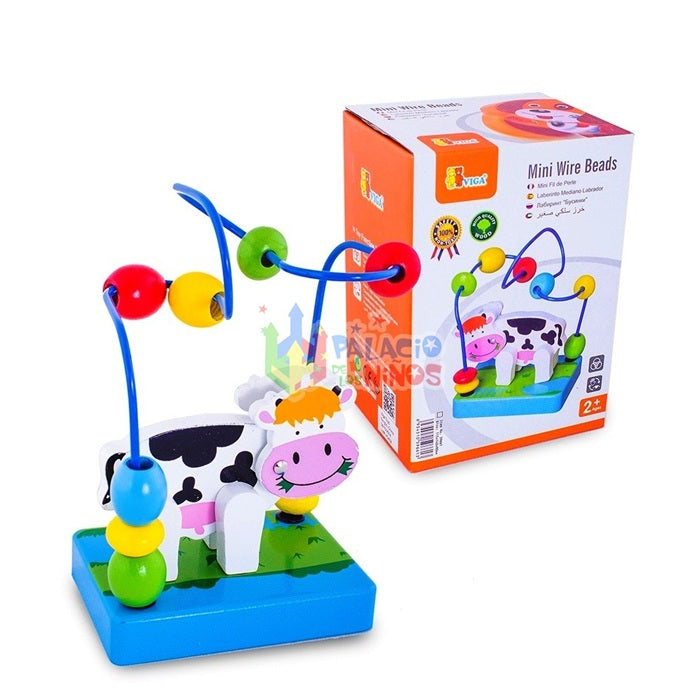 VIGA Cow Mini Wire Beads Toy, Montessori Wooden Bead Maze with Movable Cow Head & Body, Develops Fine Motor Skills, Hand-Eye Coordination & Logic, Eco-Friendly & Non-Toxic, for Boys & Girls Ages 2+