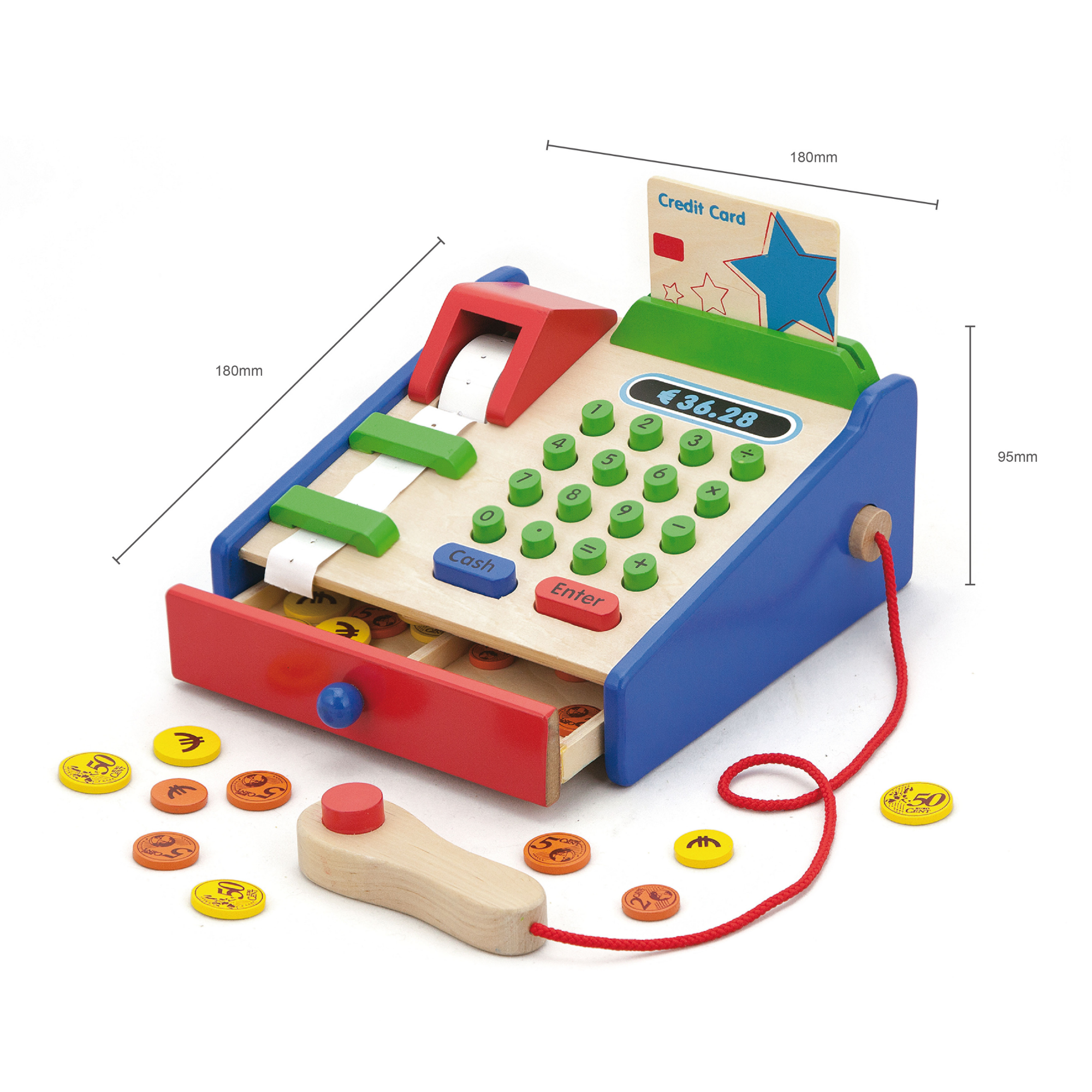 VIGA Wooden Cash Register  Pretend Play Shop Toy for Kids Aged 3+  Includes Scanner, Credit Card, Coins, and Receipt Roll
