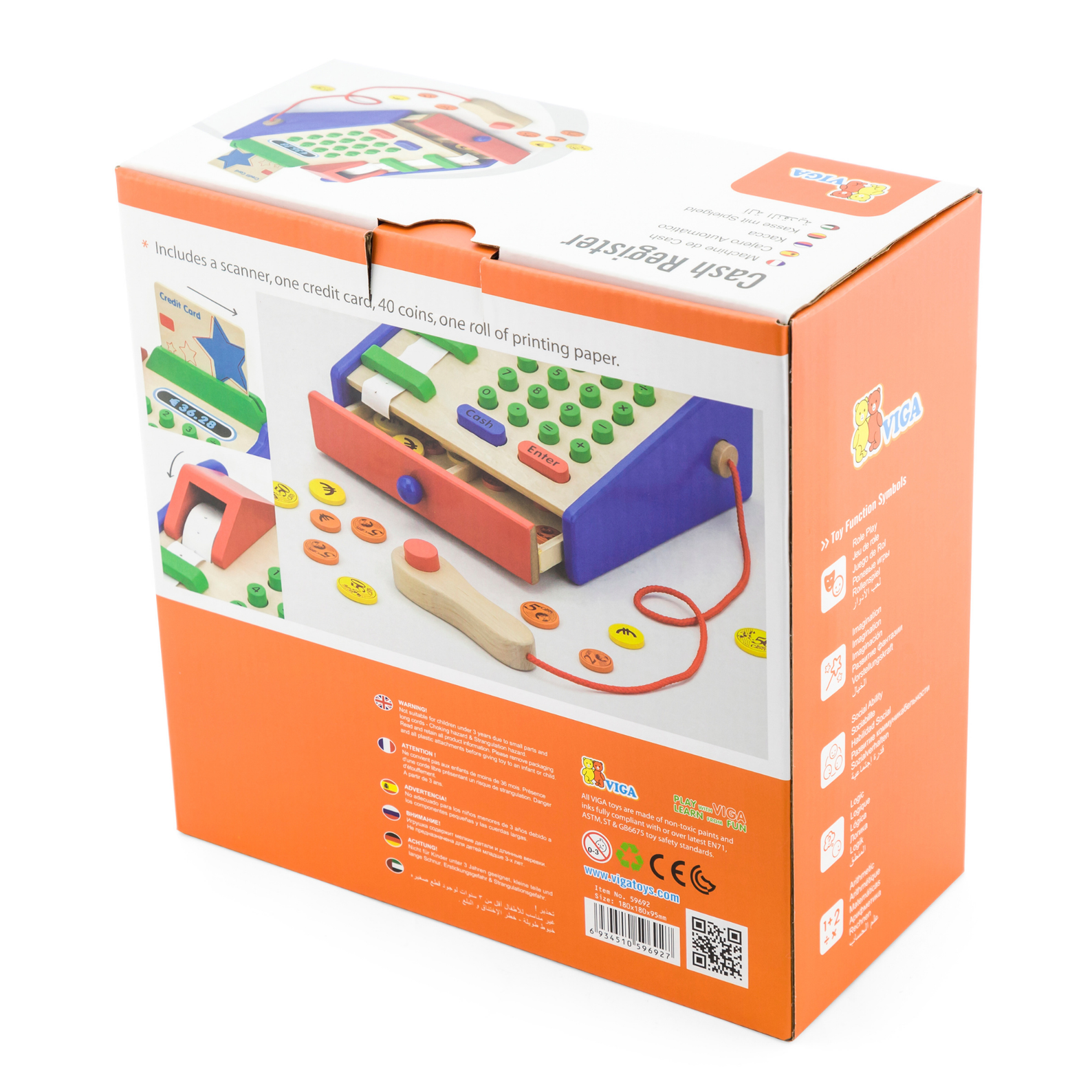 VIGA Wooden Cash Register  Pretend Play Shop Toy for Kids Aged 3+  Includes Scanner, Credit Card, Coins, and Receipt Roll
