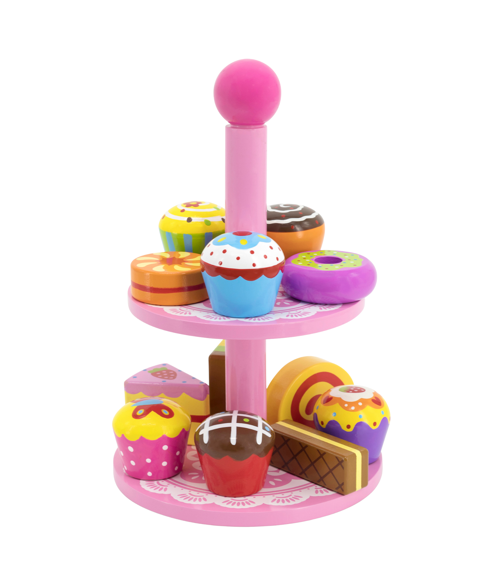 VIGA Wooden Cupcake Stand Toy  12-Piece Pretend Play Dessert Set with Cookies and Cupcakes  Safe Educational Roleplay Toy for Children Aged 3 and Up