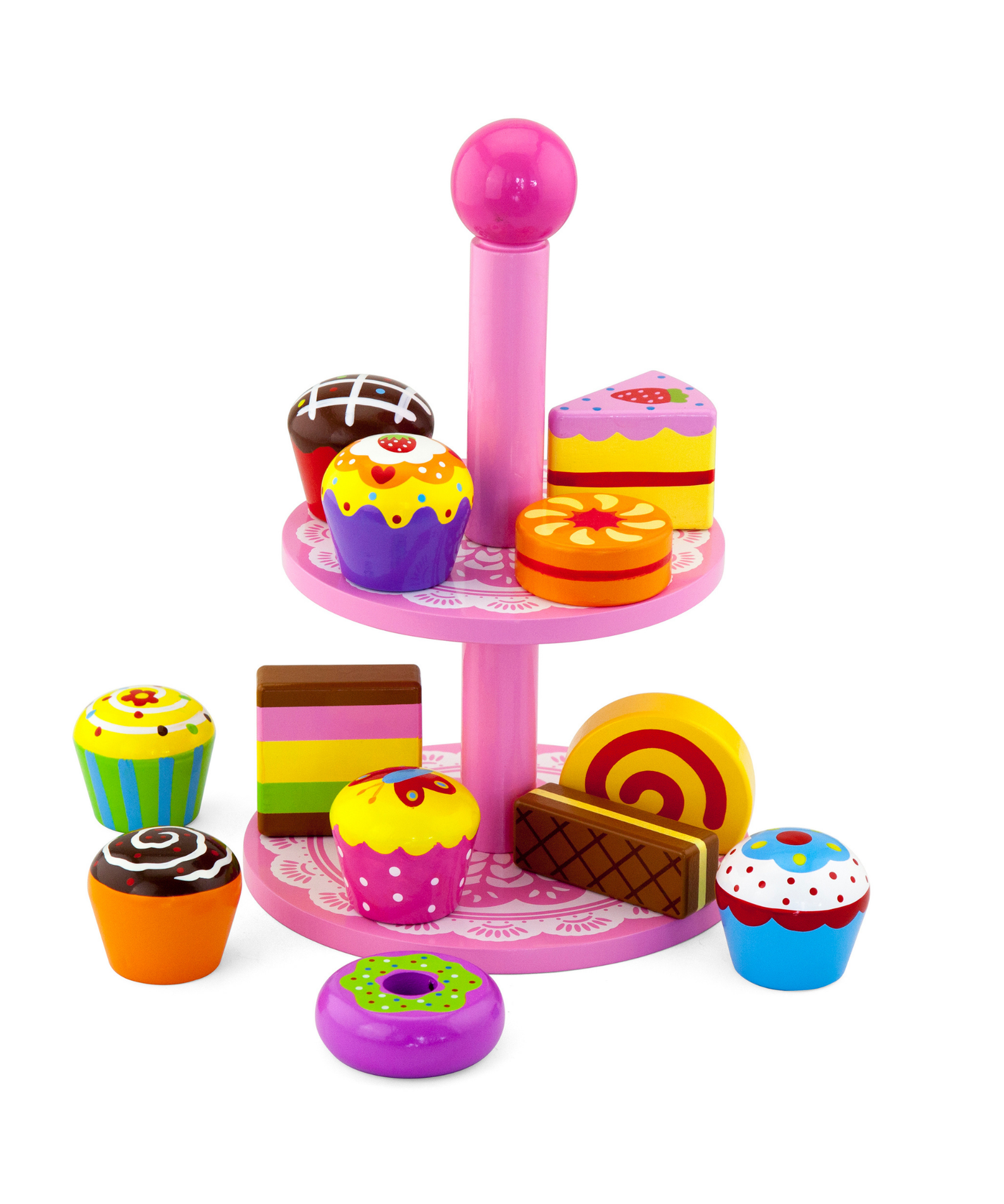 VIGA Wooden Cupcake Stand Toy  12-Piece Pretend Play Dessert Set with Cookies and Cupcakes  Safe Educational Roleplay Toy for Children Aged 3 and Up