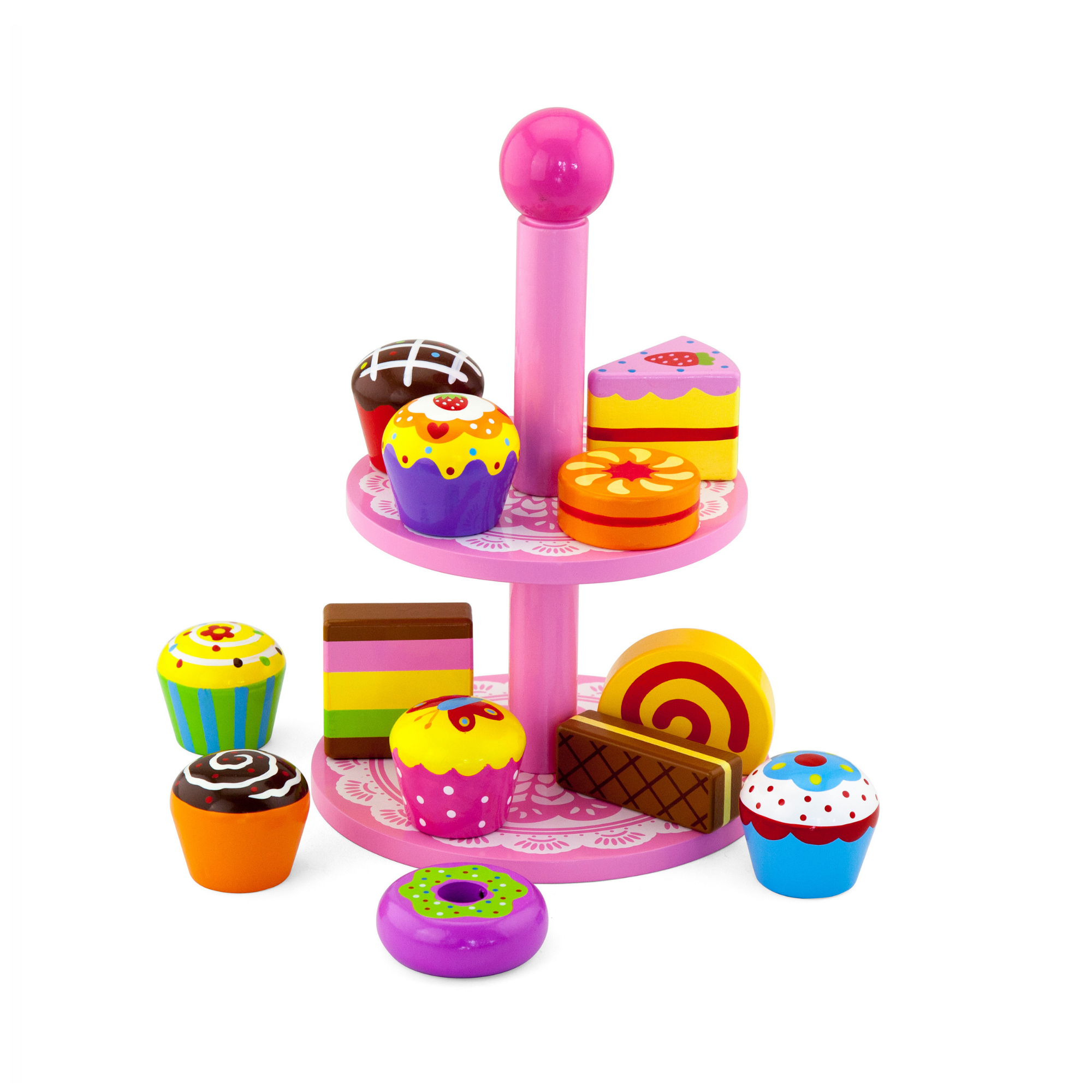 VIGA Wooden Cupcake Stand Toy  12-Piece Pretend Play Dessert Set with Cookies and Cupcakes  Safe Educational Roleplay Toy for Children Aged 3 and Up